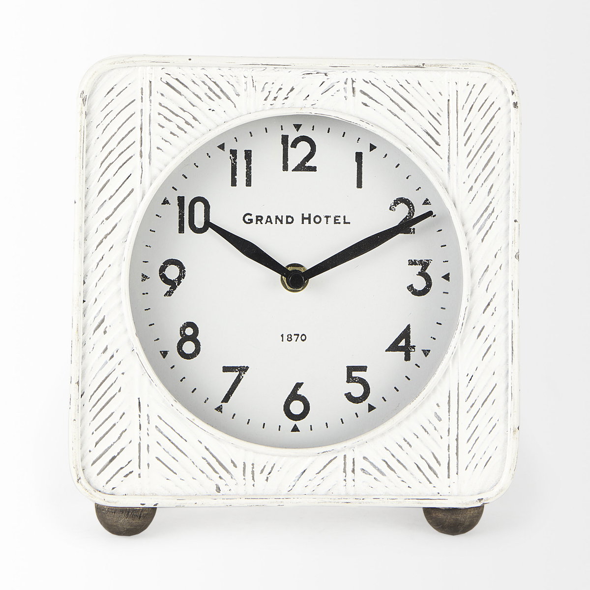 Karl  Rustic White Iron Rounded Square Table Clock, by Mercana, 8" length x 2.75" width x 8.75" height View 4