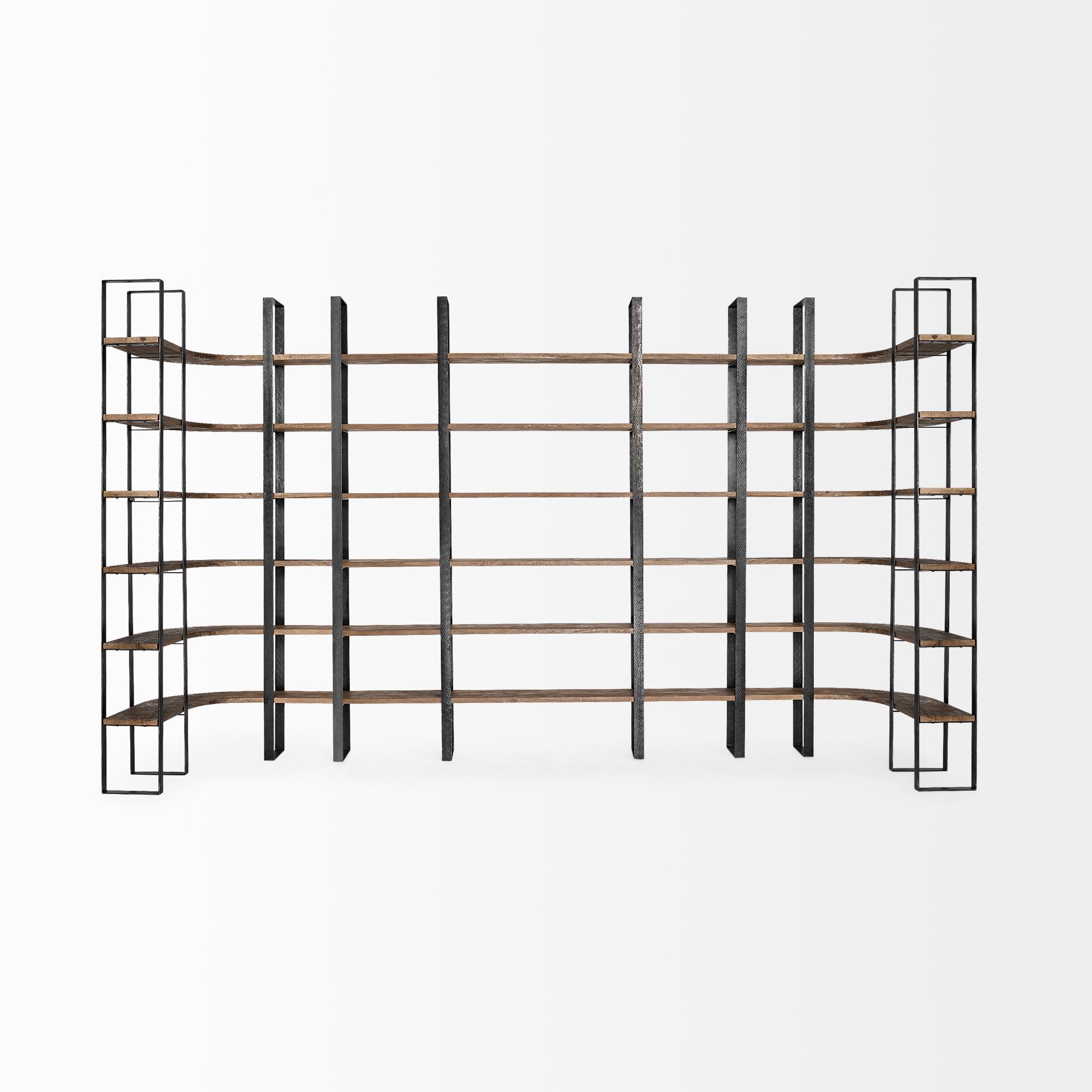 Turner II 37L x 10.5W x 90H Curved Dark Brown Wood And Black Iron Six Shelving Unit, Shelving & Bookcase by Mercana, 36.5" length x 36.5" width x 90" height View 9
