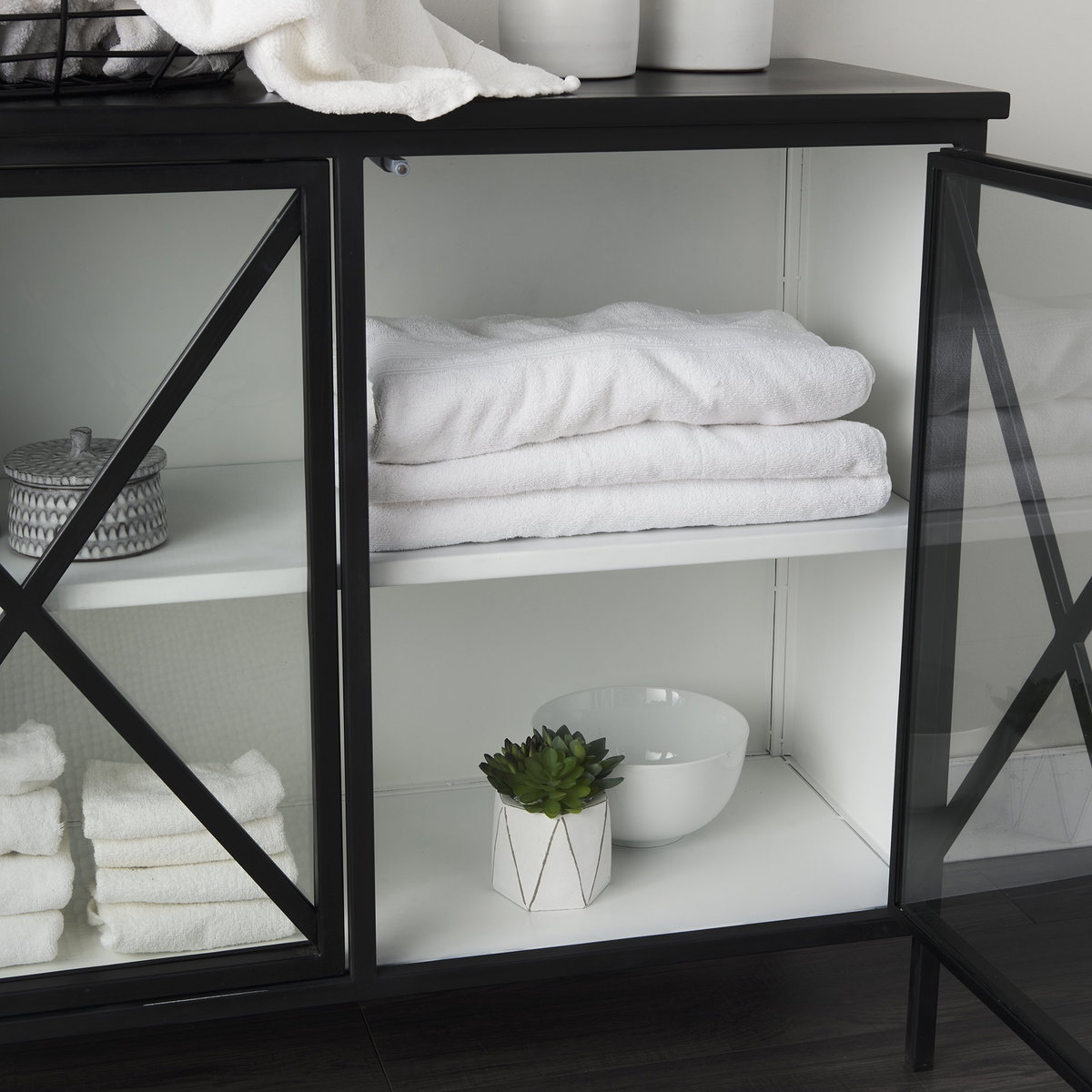 Aurelia Two Door Glass Cabinet, Cabinets & Chest by Mercana, 40.5" length x 16" width x 33" height View 4