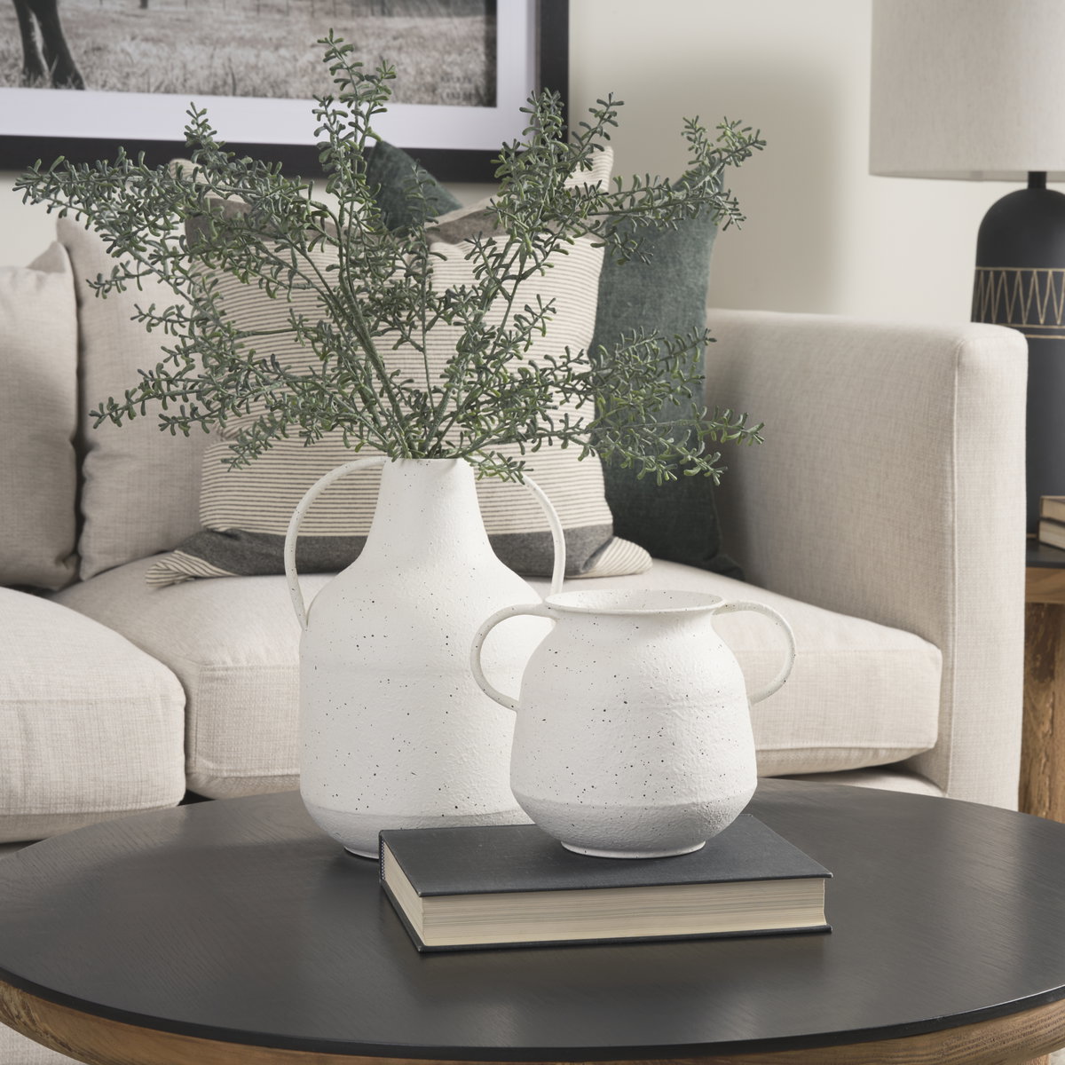 Treva Tall White with Black Speckles Metal Vase, by Mercana, 9.06" length x 7.87" width x 12.2" height View 3