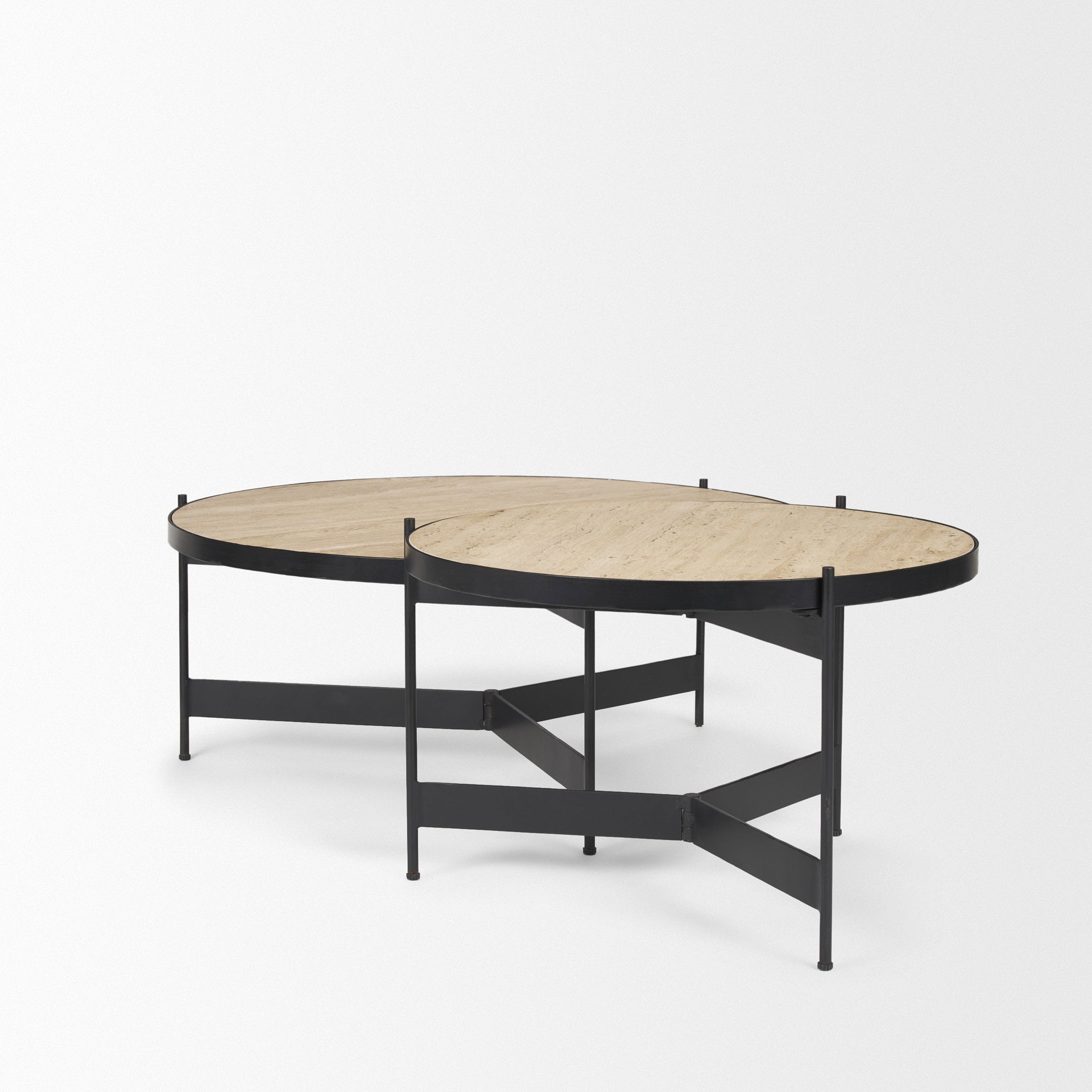 Wade Travertine Marble with Matte Black Metal Coffee Tables, by Mercana, 56" length x 32" width x 13.5" height View 7