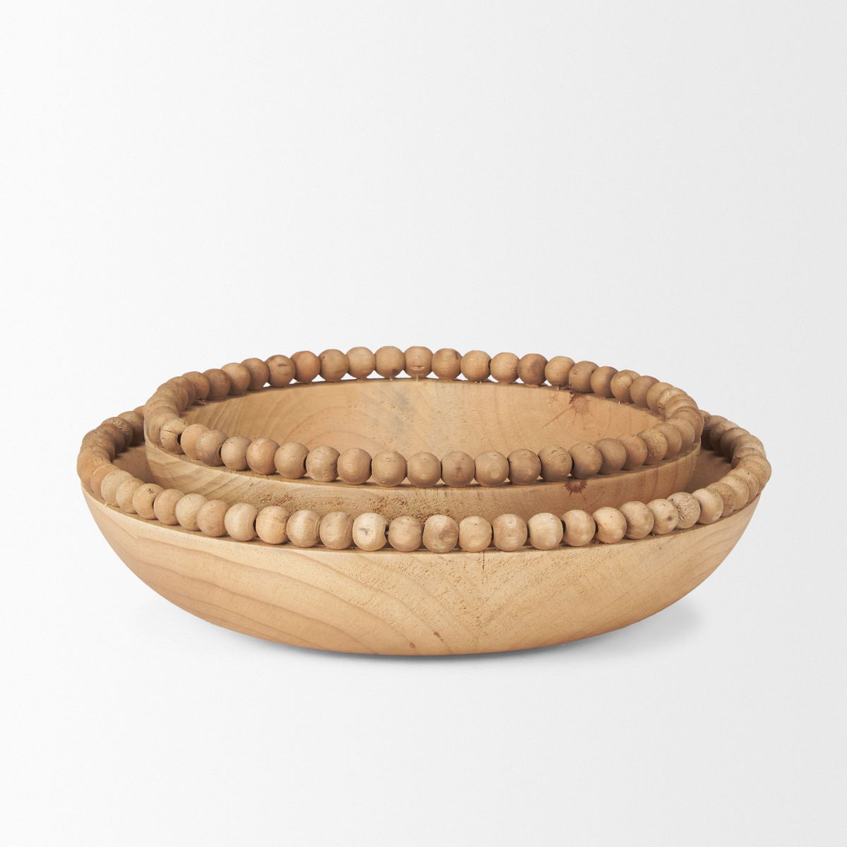 Wendell Light Brown Wood with Wood Bead Round Bowls, Decorative Bowl by Mercana, 12" length x 12" width x 3" height View 5