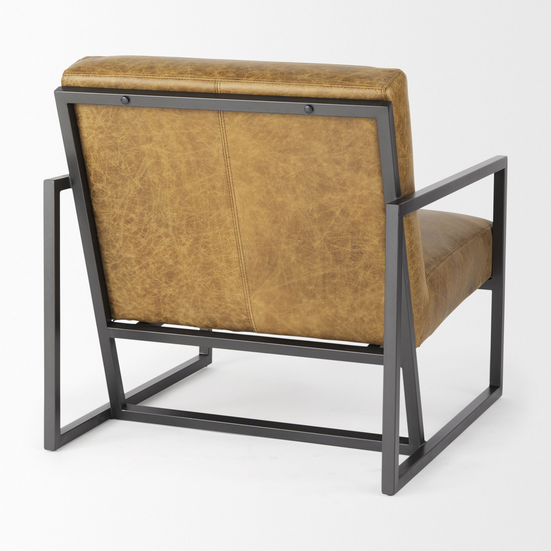 Armelle II Brown Leather Seat with Gray Metal Frame Accent Chair, by Mercana, 28.35" length x 33.07" width x 29.92" height View 7