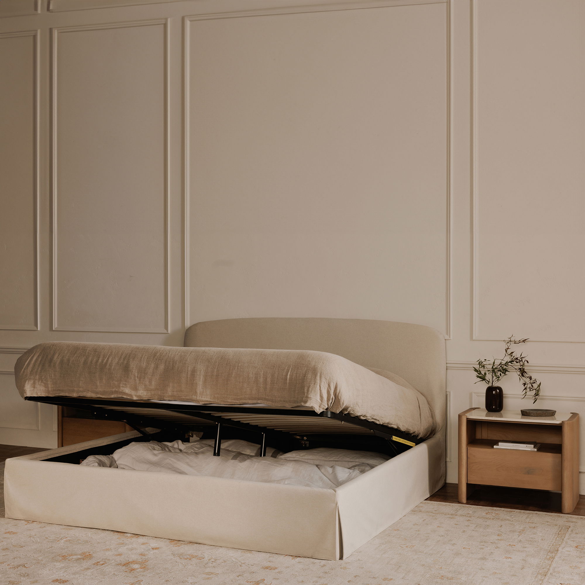 Joan Queen Storage Bed Cream, by Moe's Home, 5'6.25" width x 3'9" height x 7'2" depth View 14