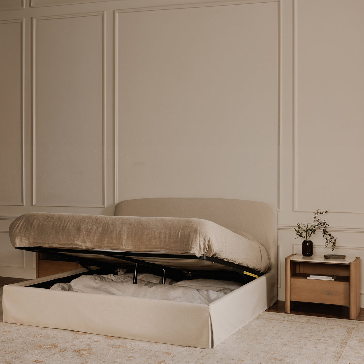 Joan Queen Storage Bed Cream, by Moe's Home, 5'6.25" width x 3'9" height x 7'2" depth View 14