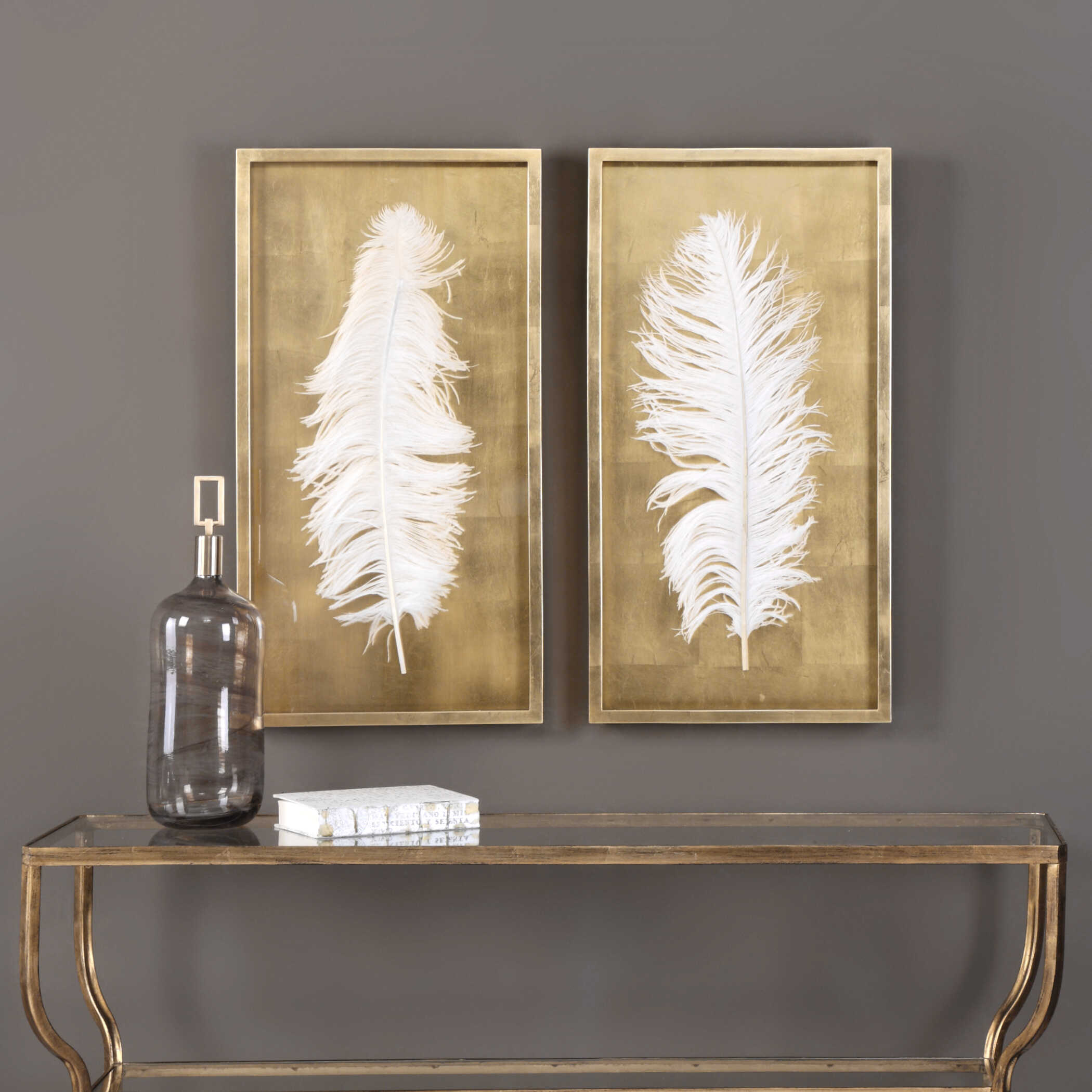 White Feathers Gold Shadow Box Set/2, Sculptural Wall Art by Uttermost, 17.12" width x 33.12" height x 1.5" depth View 2