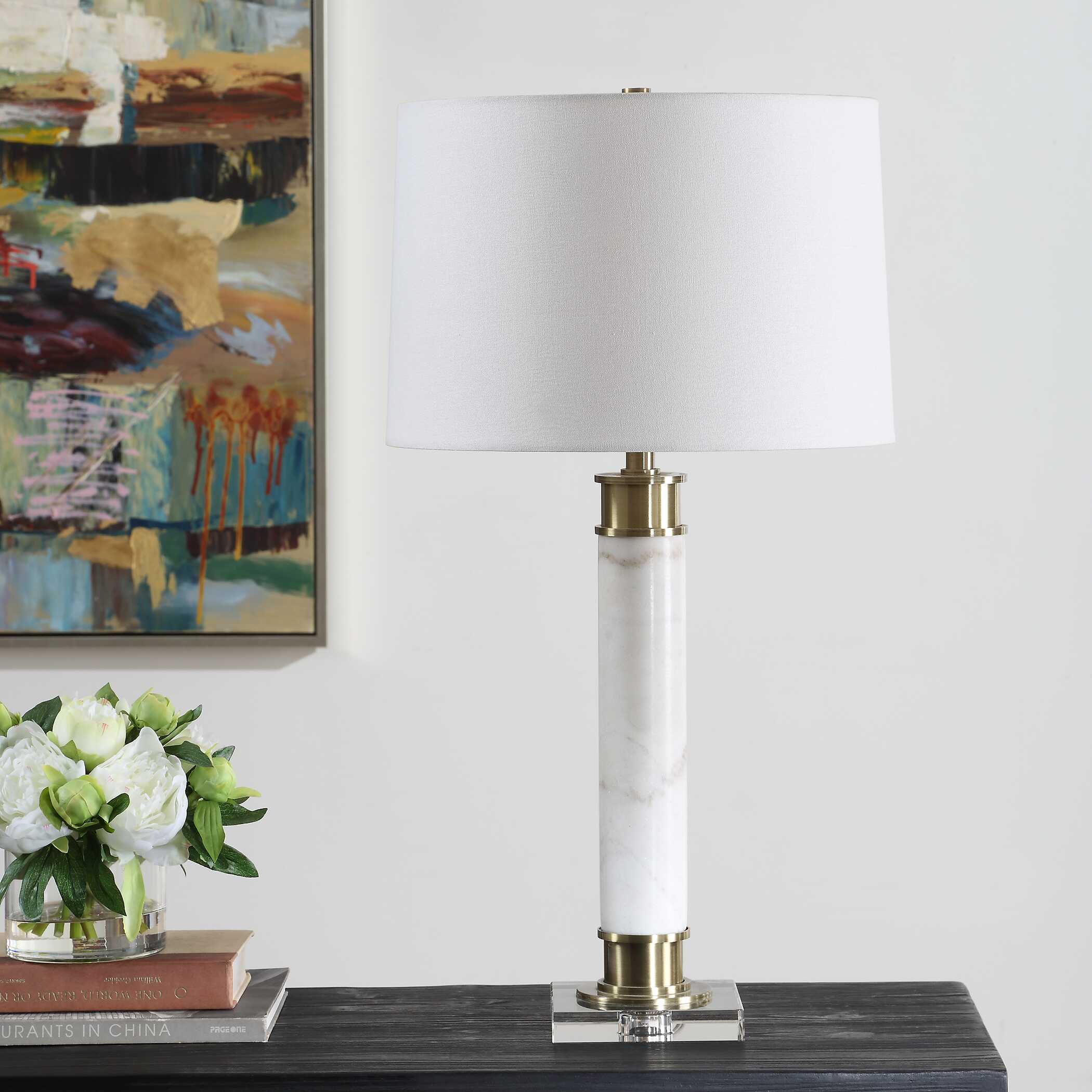 Plinth White Marble Table Lamp, by Uttermost, 15" width x 27.75" height x 15" depth View 4