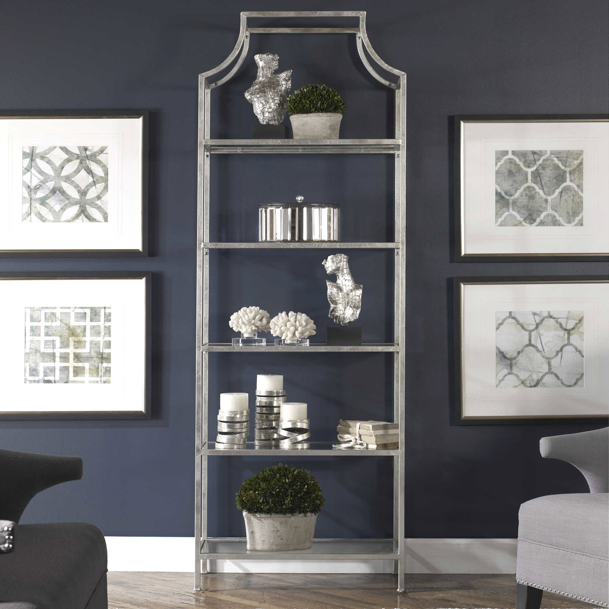 Aurelie Silver Etagere, Shelving & Bookcase by Uttermost, 30" width x 83.87" height x 15.35" depth View 2