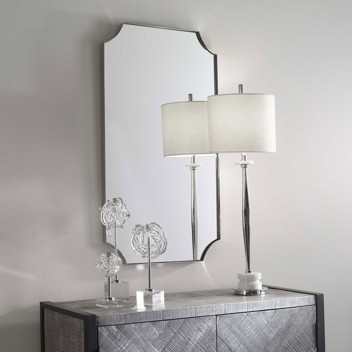 Lennox Nickel Scalloped Corner Mirror, by Uttermost, 22.12" width x 40.12" height x 1.25" depth View 4