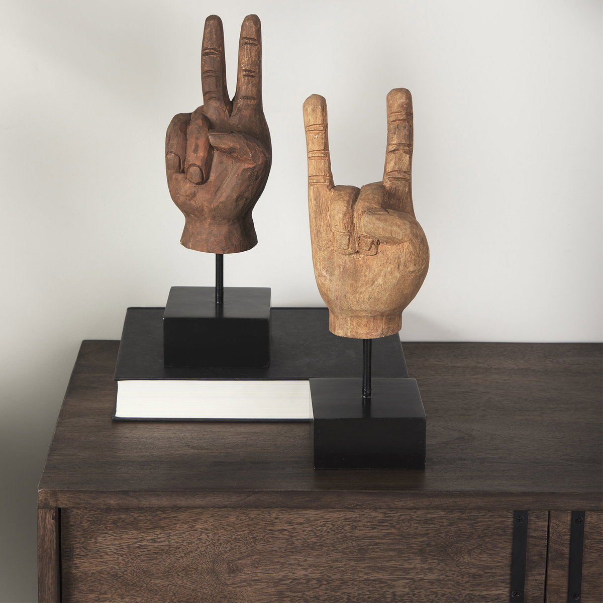 Pacem 4L x 4W Natural Wooden Carved Peace Sign Hand, Decorative Object by Mercana, 4" length x 3.94" width x 12.99" height View 3
