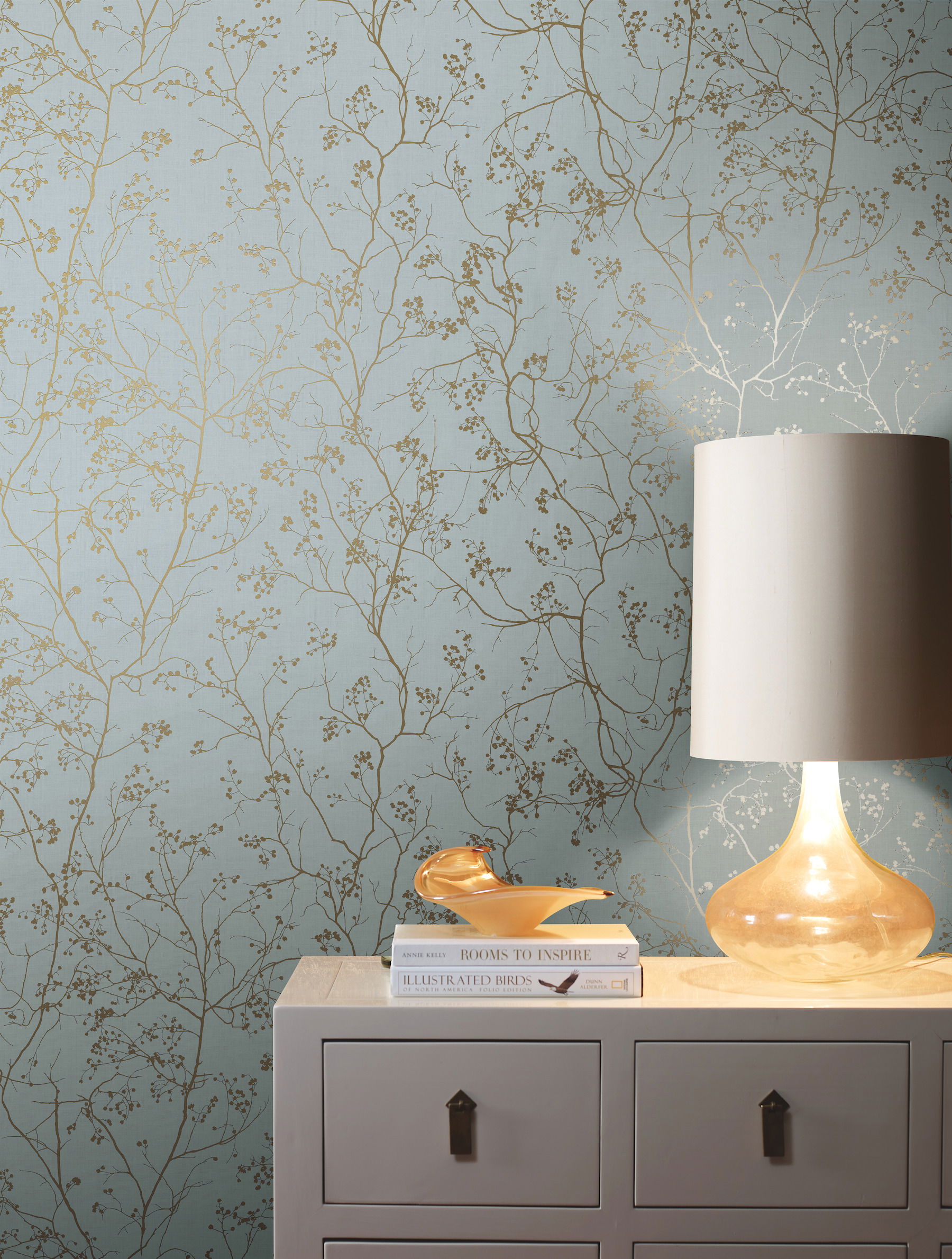 Luminous Branches Blue & Gold Wallpaper large image 