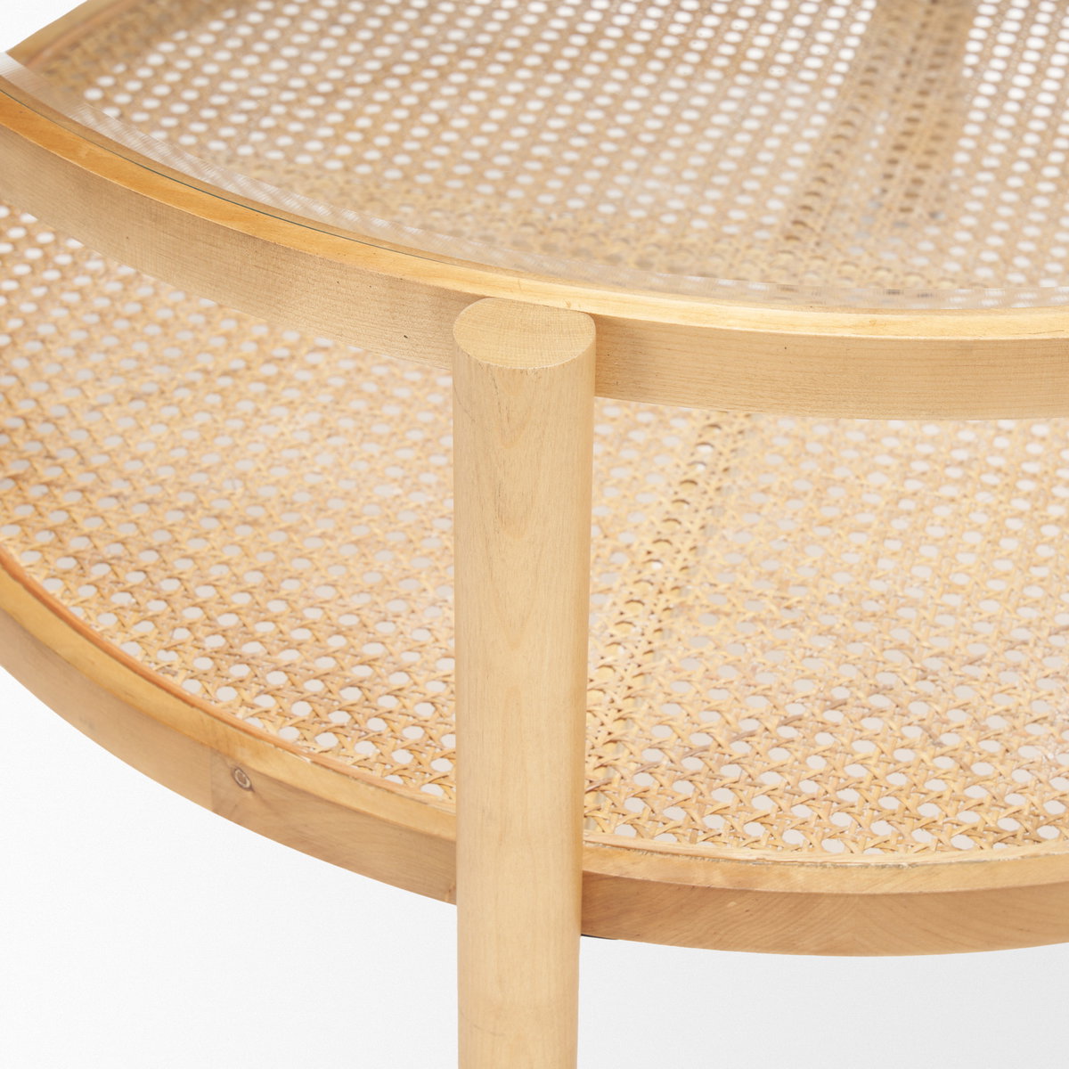 Weslyn Solid Light Brown Wood and Glass Top with Cane Coffee Table, by Mercana, 34.25" length x 34.25" width x 17.25" height View 7