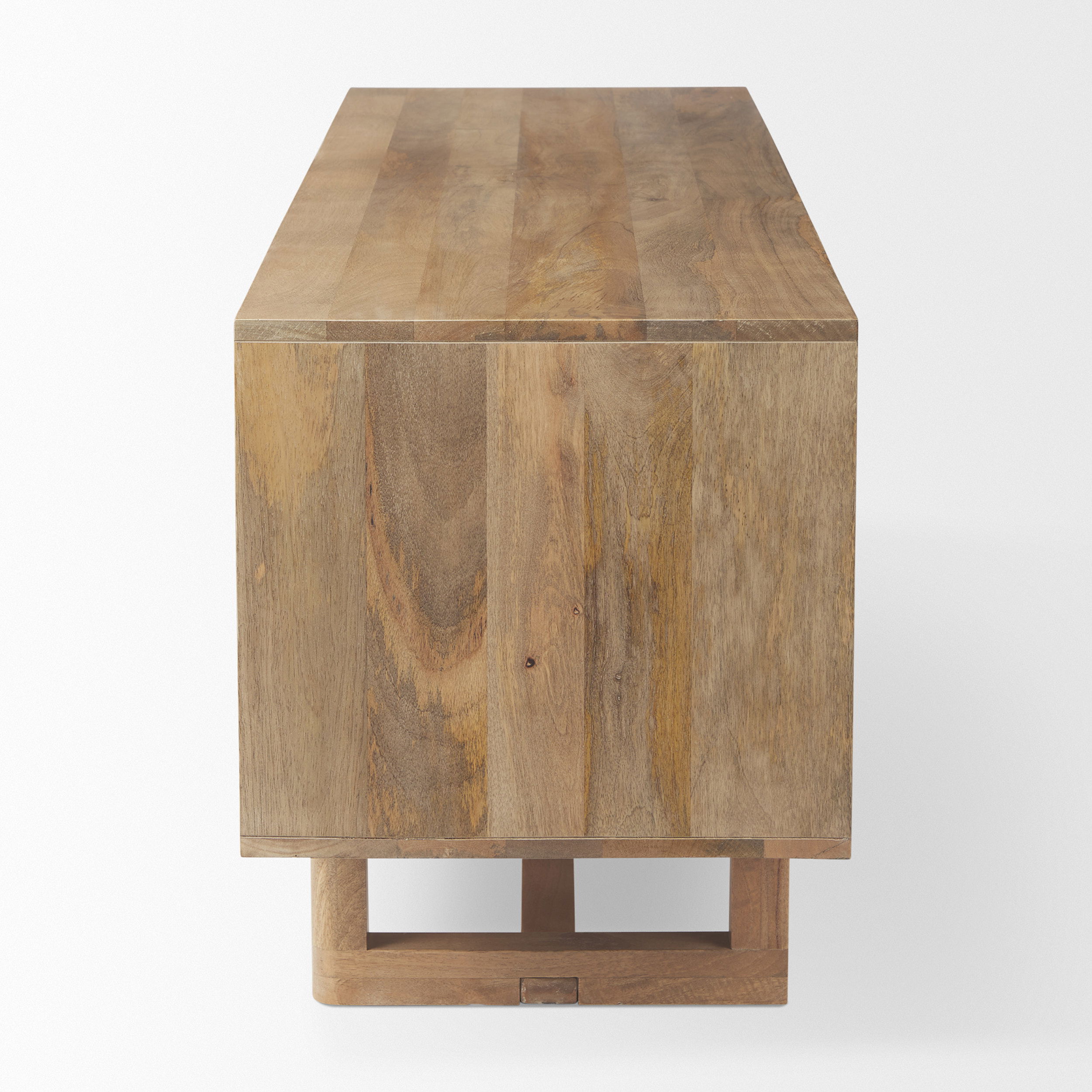 Grier 65' Light Brown Wood with Cane Media Console, by Mercana, 65" length x 18.75" width x 23" height View 3