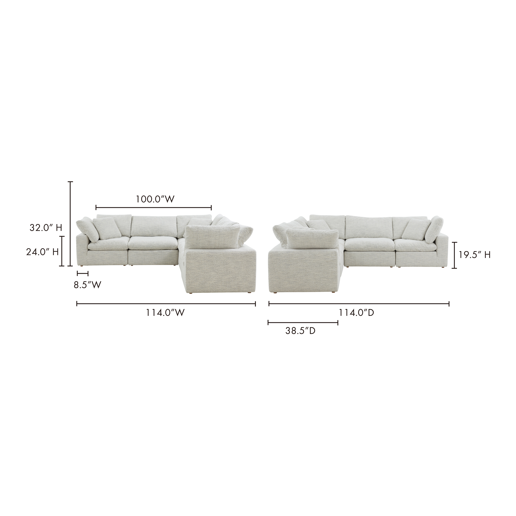 Terra Condo Classic L-shaped Modular Sectional Coastside Sand, Sectional Sofa by Moe's Home, 114" width x 32" height x 114" depth View 7