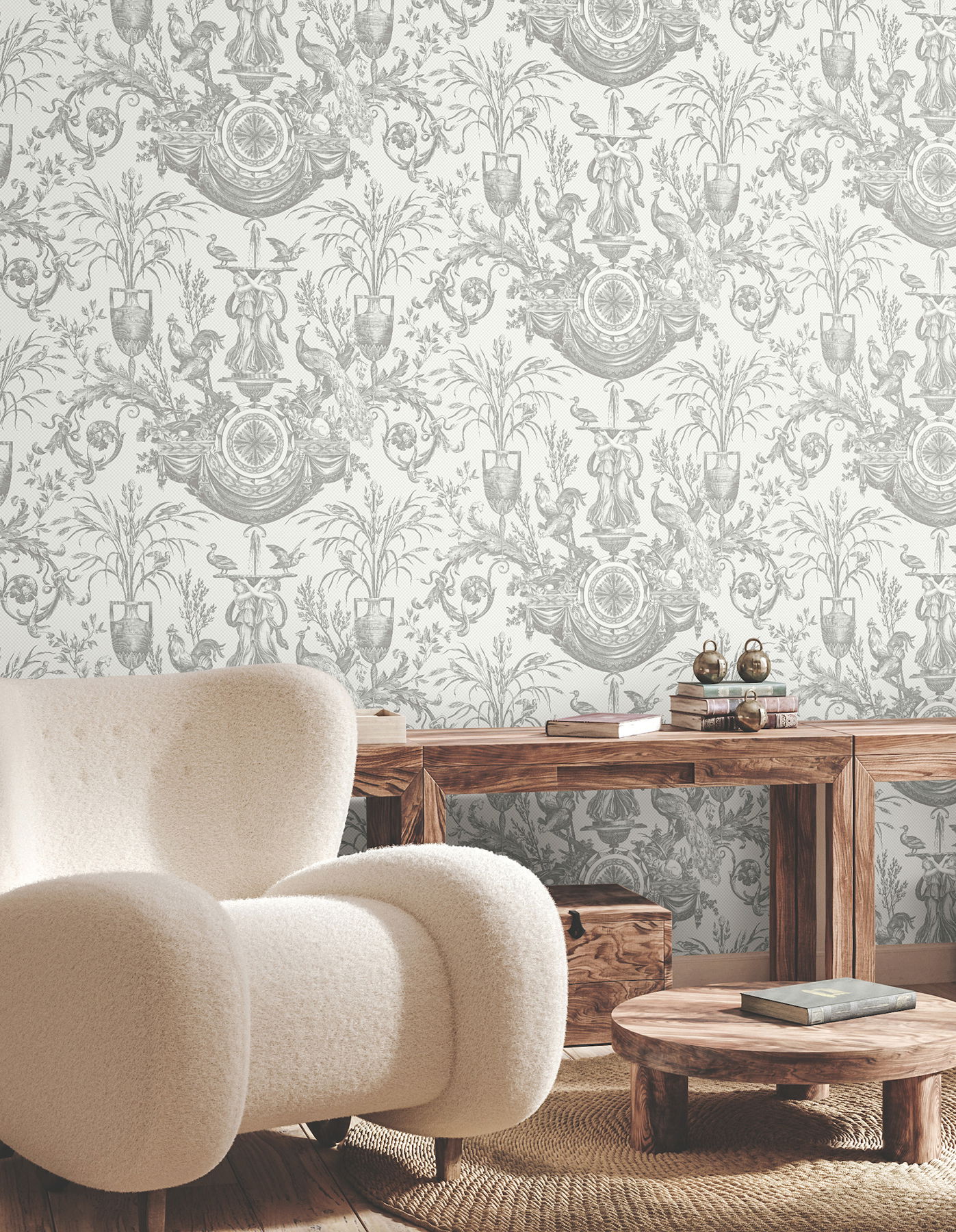 Avian Fountain Toile Grey Wallpaper, by York Wall, 27' length x 2'3" width x 0.02" depth View 2