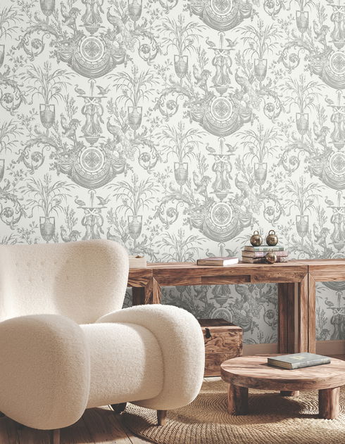 Avian Fountain Toile Grey Wallpaper