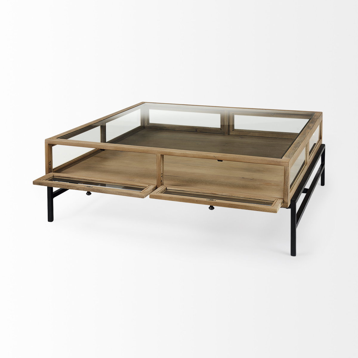 Arelius 42' Square Glass-Top Light Brown with Black Metal Base Display Coffee Table, by Mercana, 43.5" length x 42" width x 15" height View 8