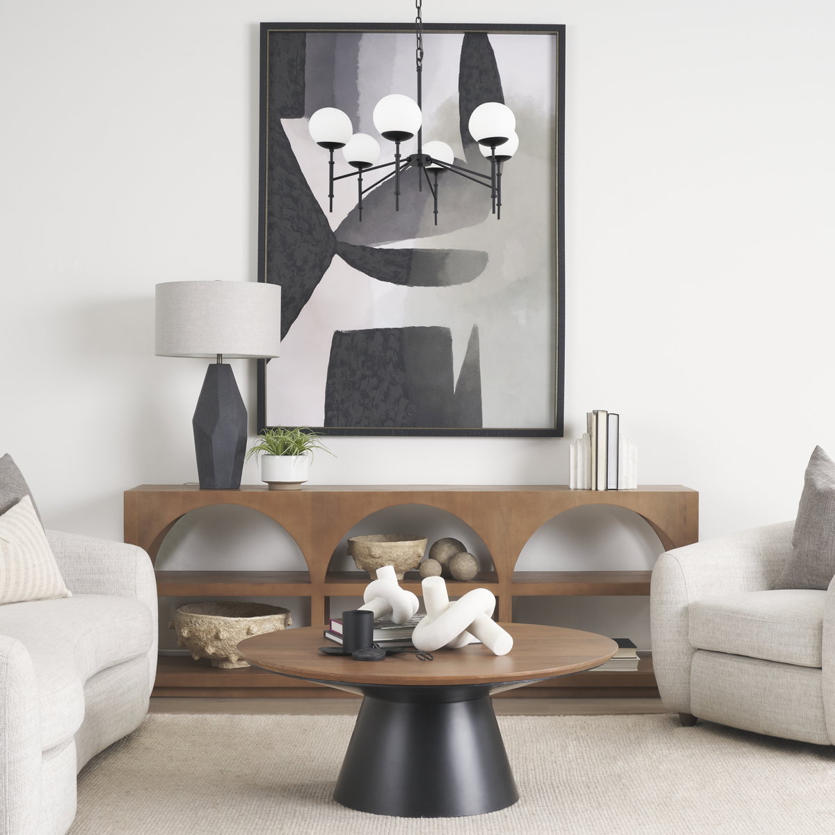 Edie Matte Black Metal with Frosted Glass Globes 6-Light Chandelier, by Mercana, 29.92" length x 29.92" width x 24.02" height View 2