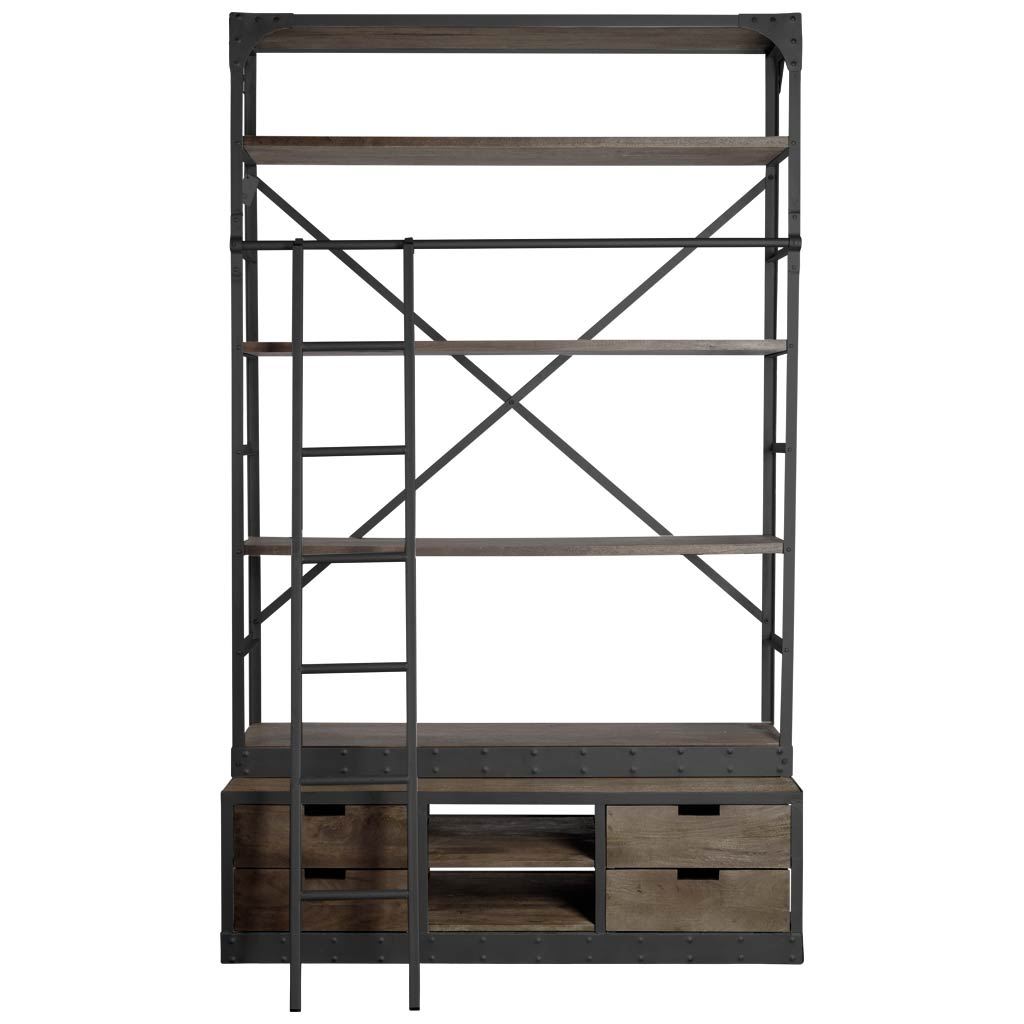 Brodie VIII 57L x 20.5W x 94H Brown Wood Gun-Metal Ladder Four Shelf Shelving Unit, Shelving & Bookcase by Mercana, 57" length x 20.5" width x 94" height