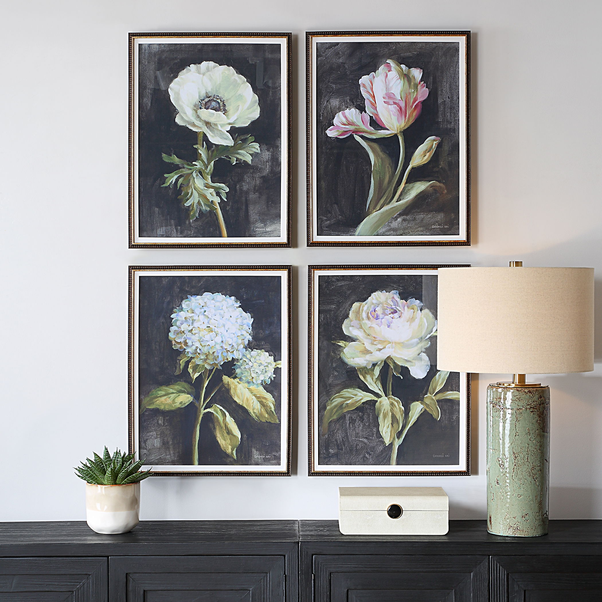 Florals On Black Framed Prints, Set/4 large image 