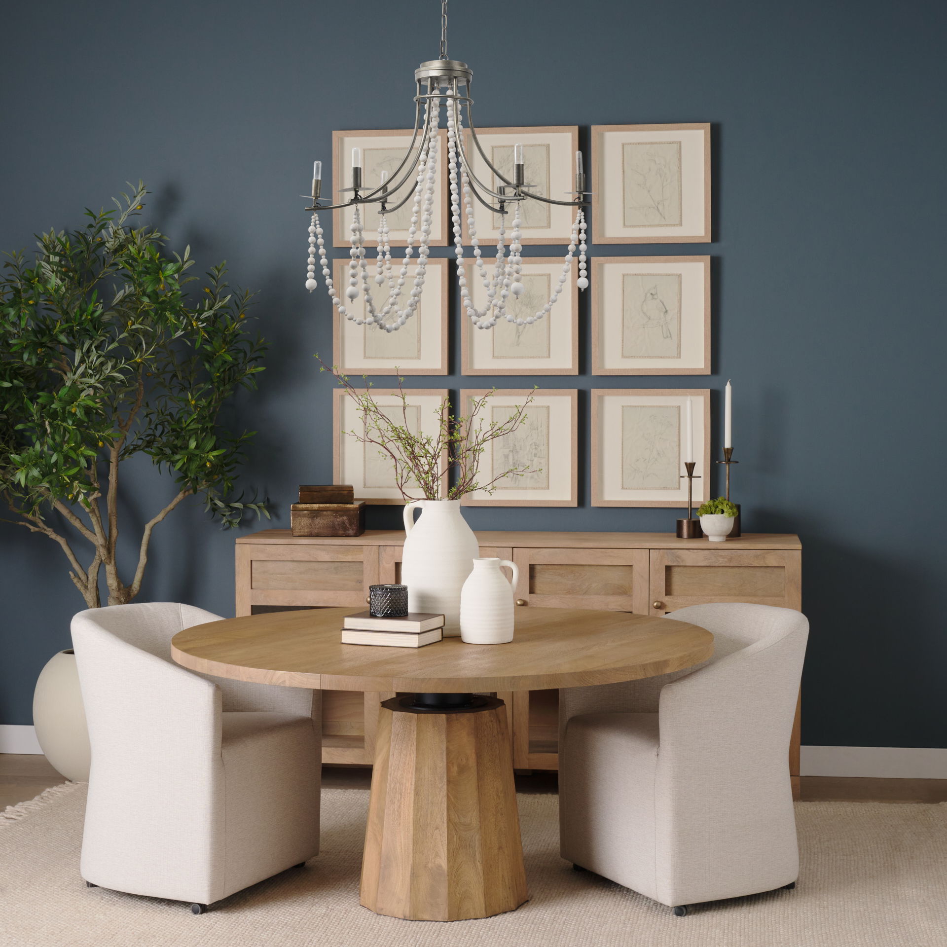 Selma White Wood Bead and Metal Chandelier, by Mercana, 37.8" length x 33.27" width x 96.85" height View 2