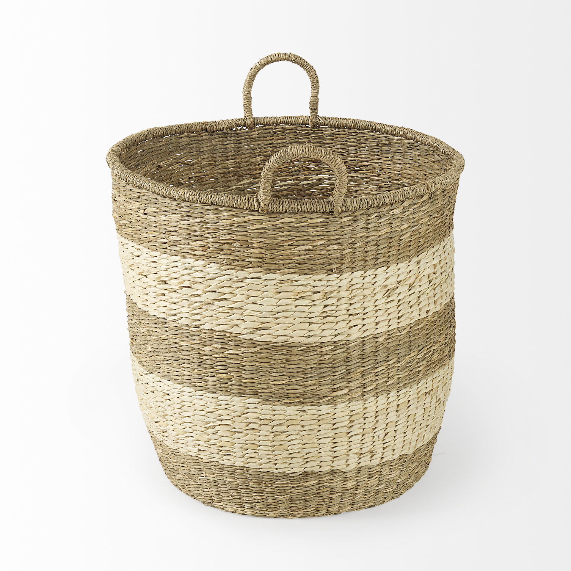 Bradley (Set of 2) Light Brown with Striped Seagrass Basket with Handles, Bins & Basket by Mercana, 18.11" length x 18.11" width x 16.14" height View 3