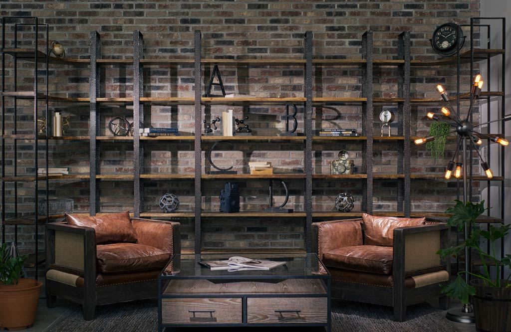 Turner I 37L x 10.5W x 90H Curved Brown Wood and Black Iron Six Shelving Unit, Shelving & Bookcase by Mercana, 36.5" length x 36.5" width x 90" height View 2