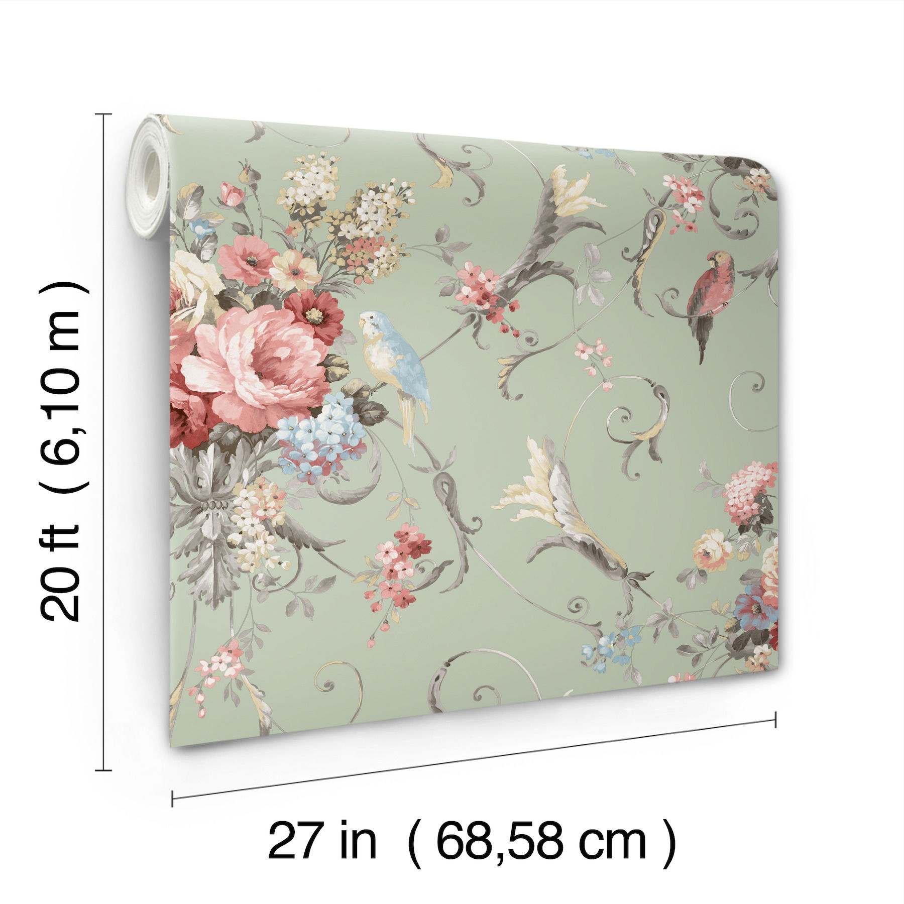 Parrots with Floral Bouquets Eucalyptus Peel & Stick Wallpaper large image 