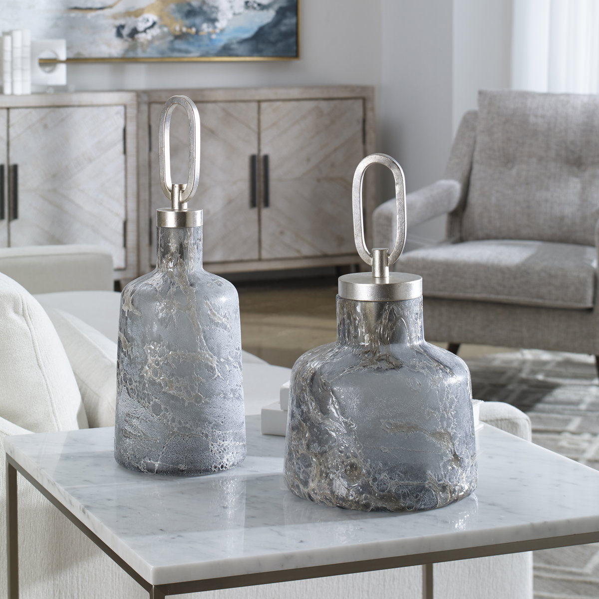 Storm Art Glass Bottles Set/2, Vase by Uttermost, 6.25" width x 17.5" height x 6.25" depth View 2