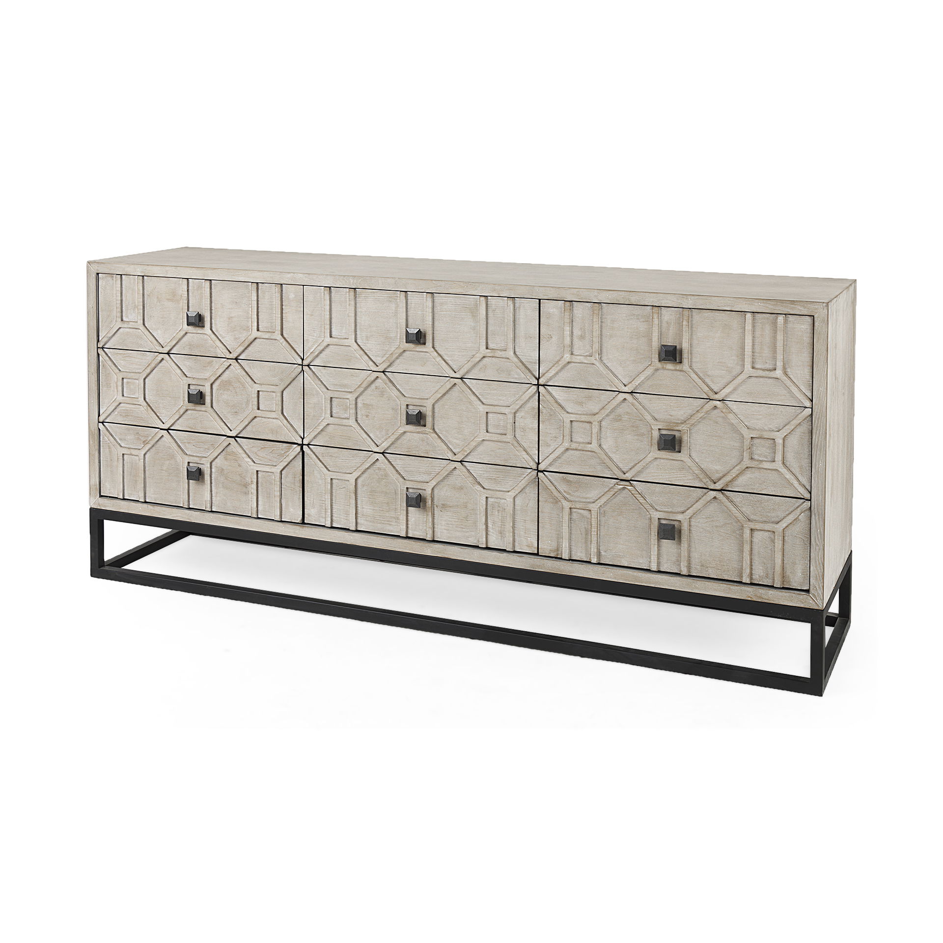 Genevieve II Light Brown Fir Veneer 9 Drawer Sideboard, Sideboards & Buffet by Mercana, 70.08" length x 15.75" width x 30.91" height View 1