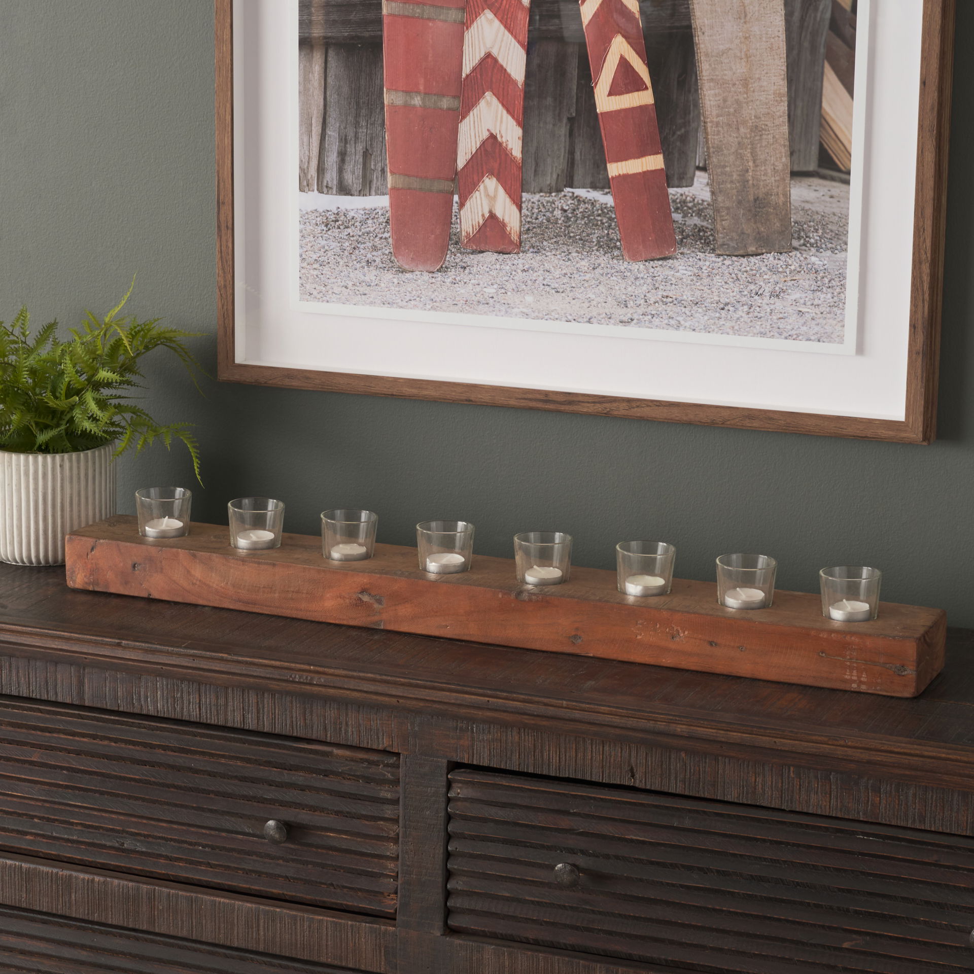 Lakara Reclaimed Wood Eight Tealight Table Candle Holder, Candles & Candle Holder by Mercana, 36" length x 8" width x 3" height View 2