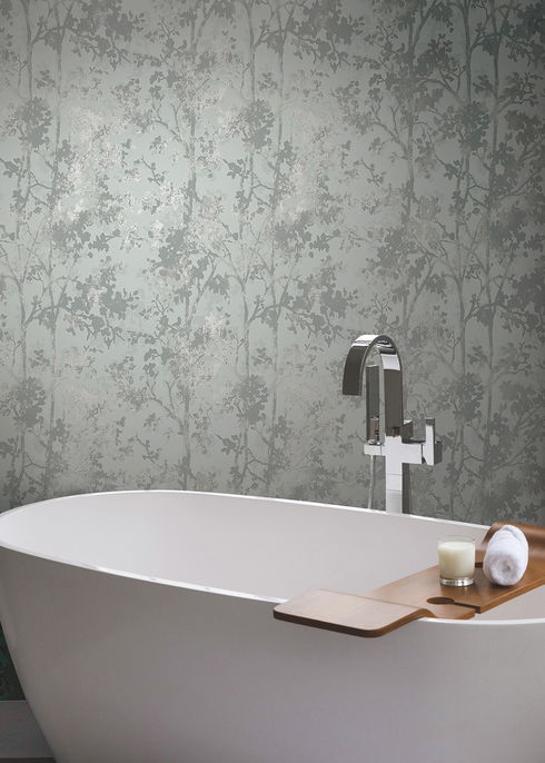 Shimmering Foliage Spa & Silver Wallpaper