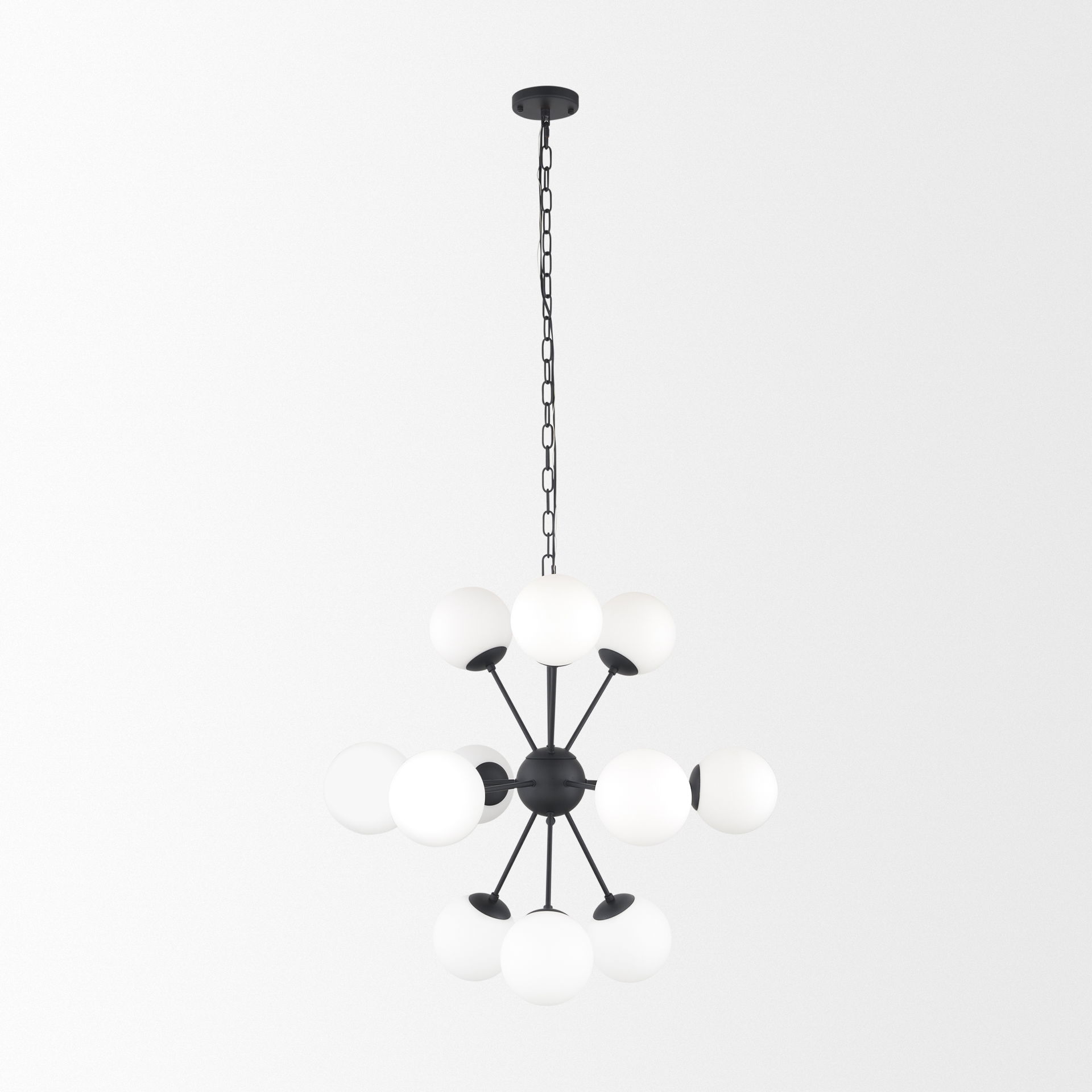 Barbara Matte Black Metal with Frosted Glass Globes 11-Light Chandelier, by Mercana, 31.5" length x 31.5" width x 31.5" height View 3
