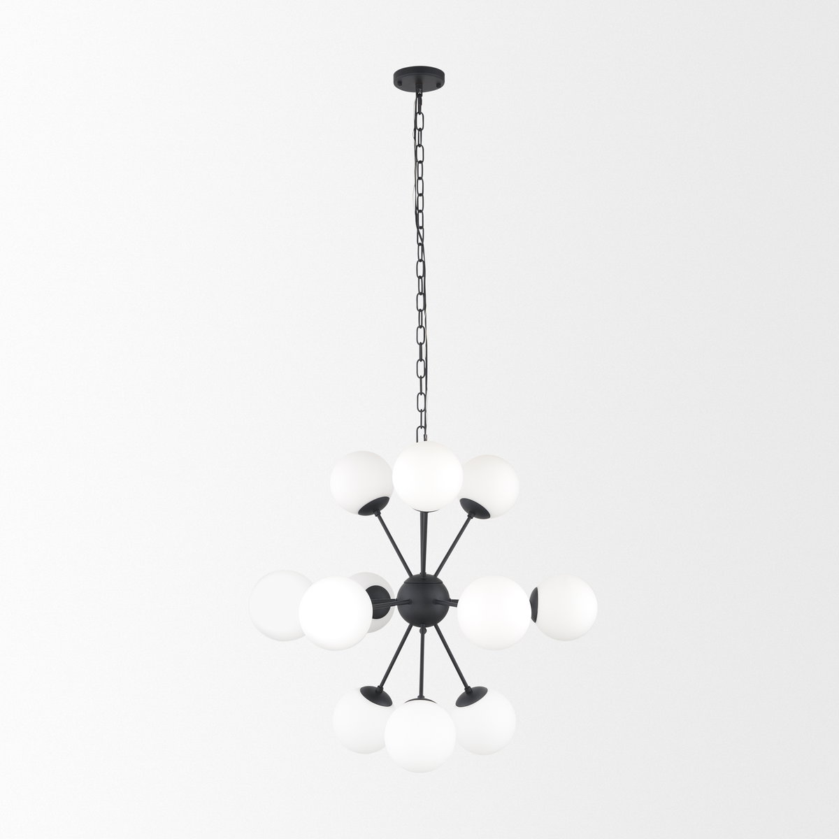 Barbara Matte Black Metal with Frosted Glass Globes 11-Light Chandelier, by Mercana, 31.5" length x 31.5" width x 31.5" height View 3