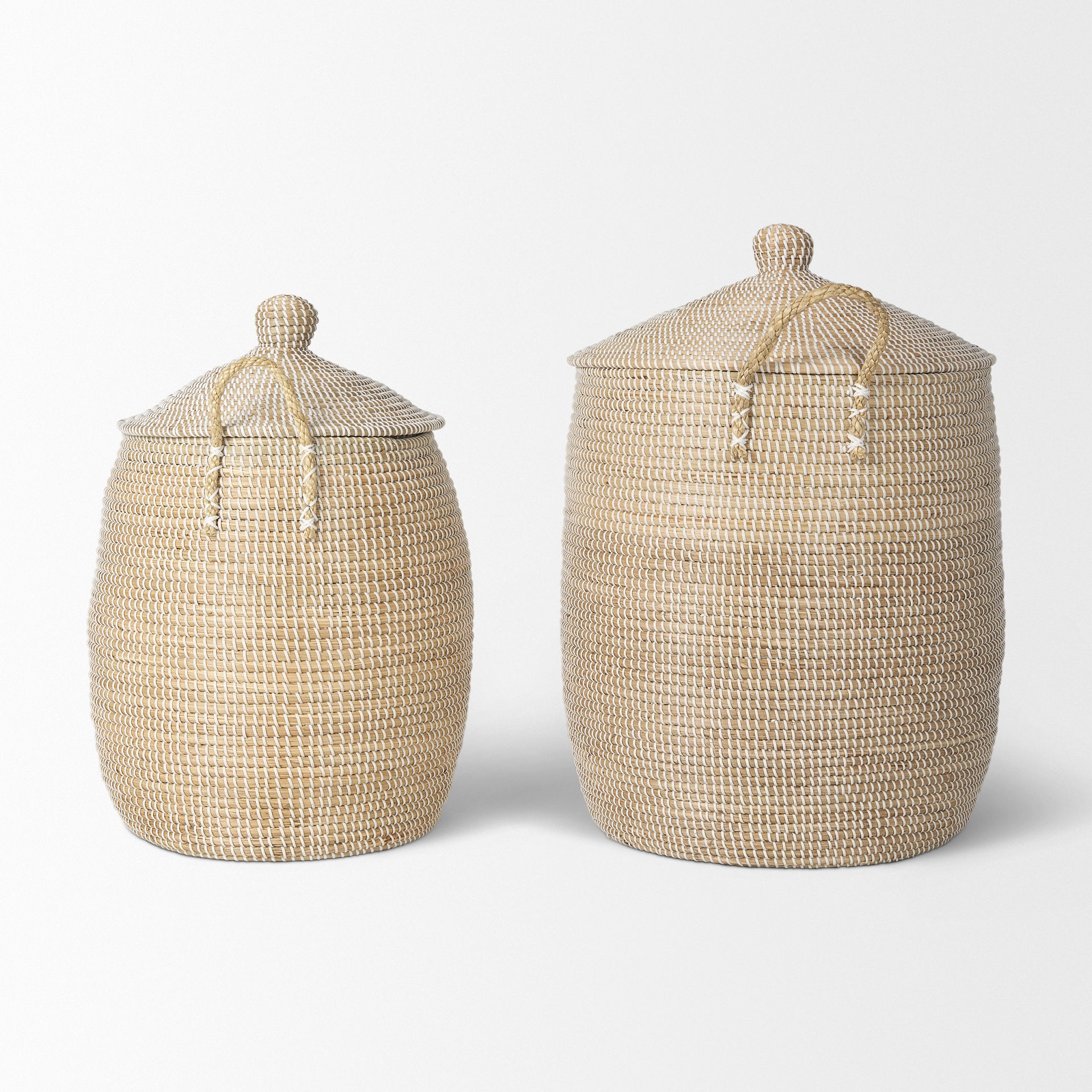 Kairi Set of 2 Seagrass Floor Baskets with Lids and Handles, Bins & Basket by Mercana, 20.87" length x 20.87" width x 29.92" height View 5