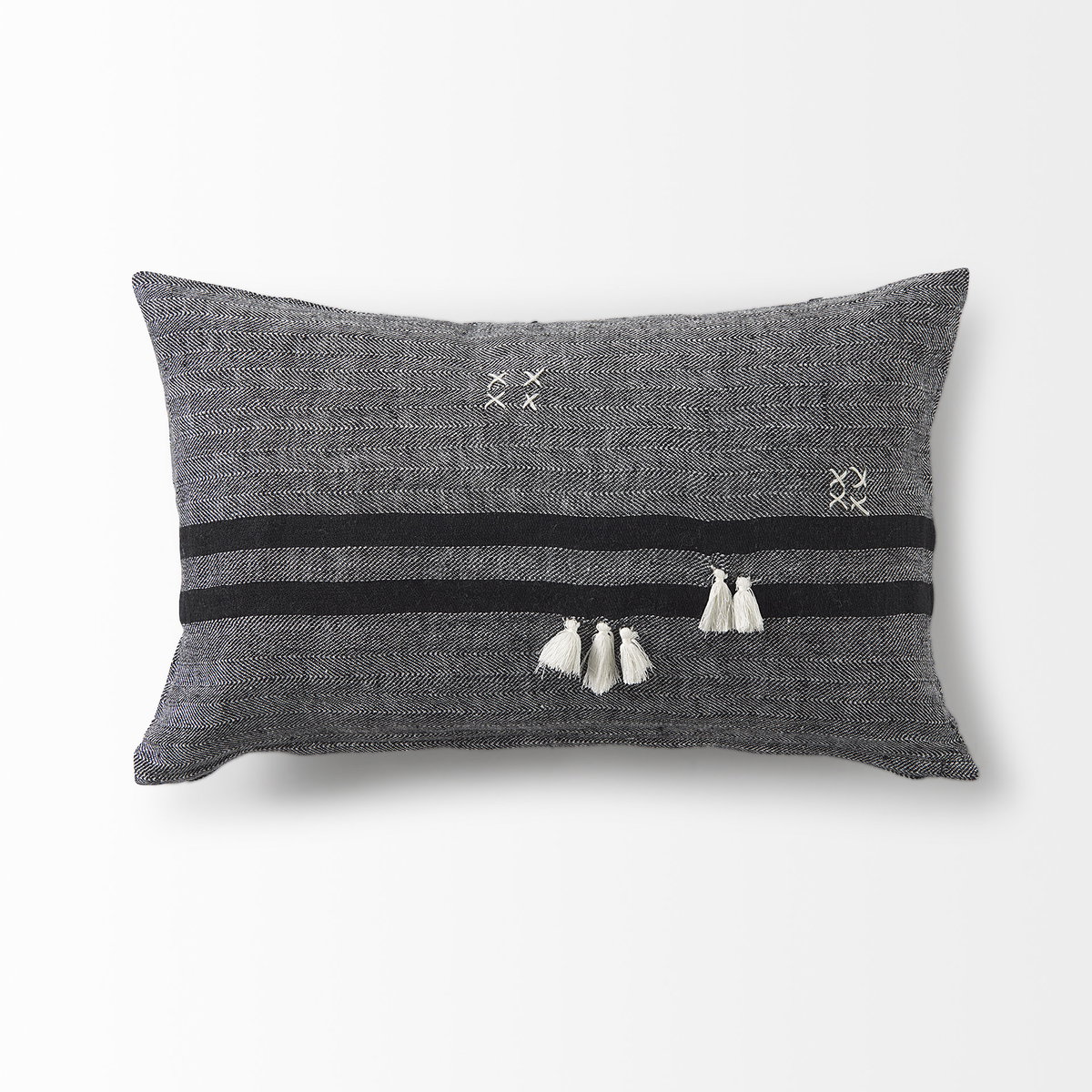 Sibyl 13x21 Black Fabric Striped and White Fringed Pillow Cover, Decorative Pillow by Mercana, 13" length x 21" width x 0.2" height View 9