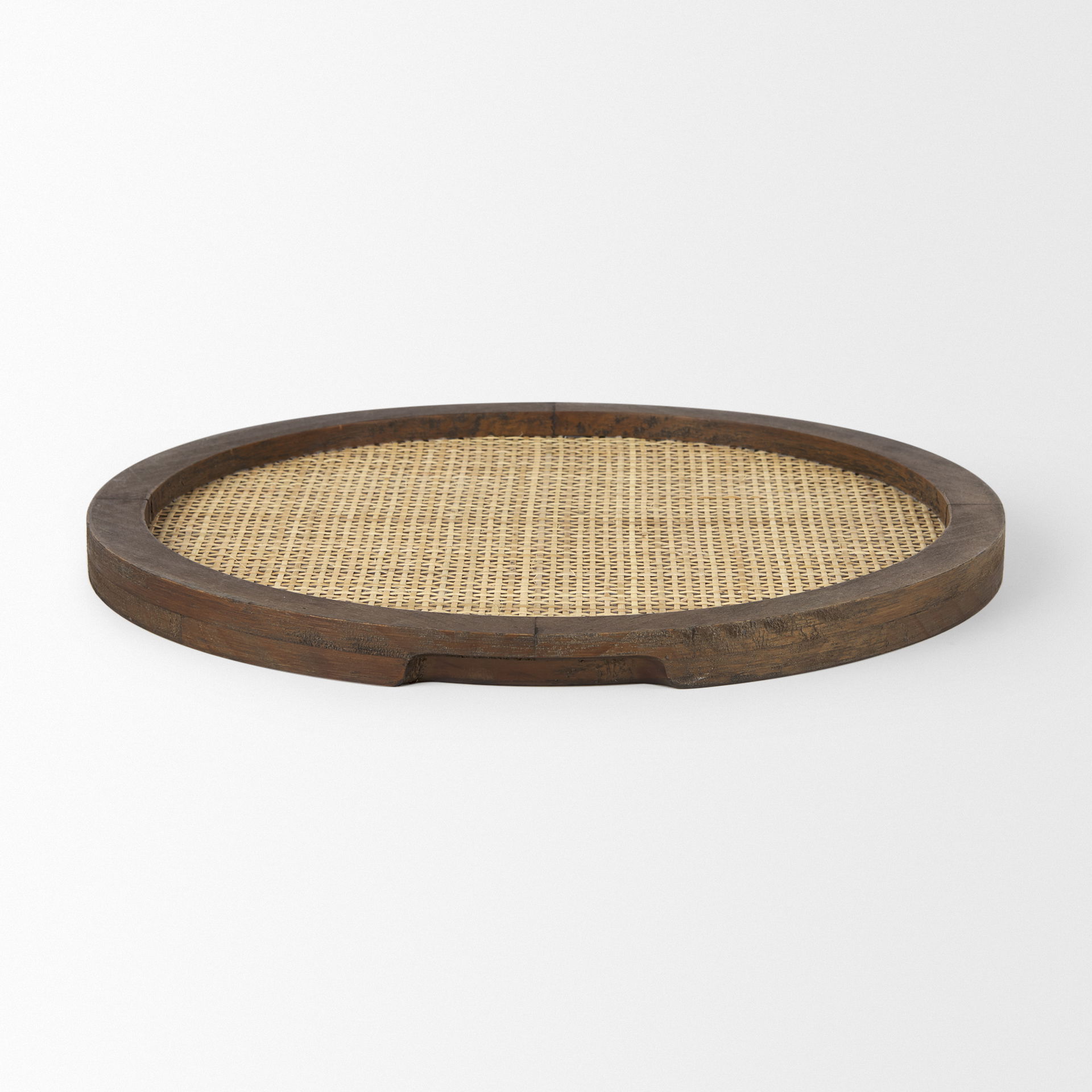 Silas Cane and Medium Brown Wood Round Tray, Decorative Tray by Mercana, 15.75" length x 15.75" width x 0.98" height View 4