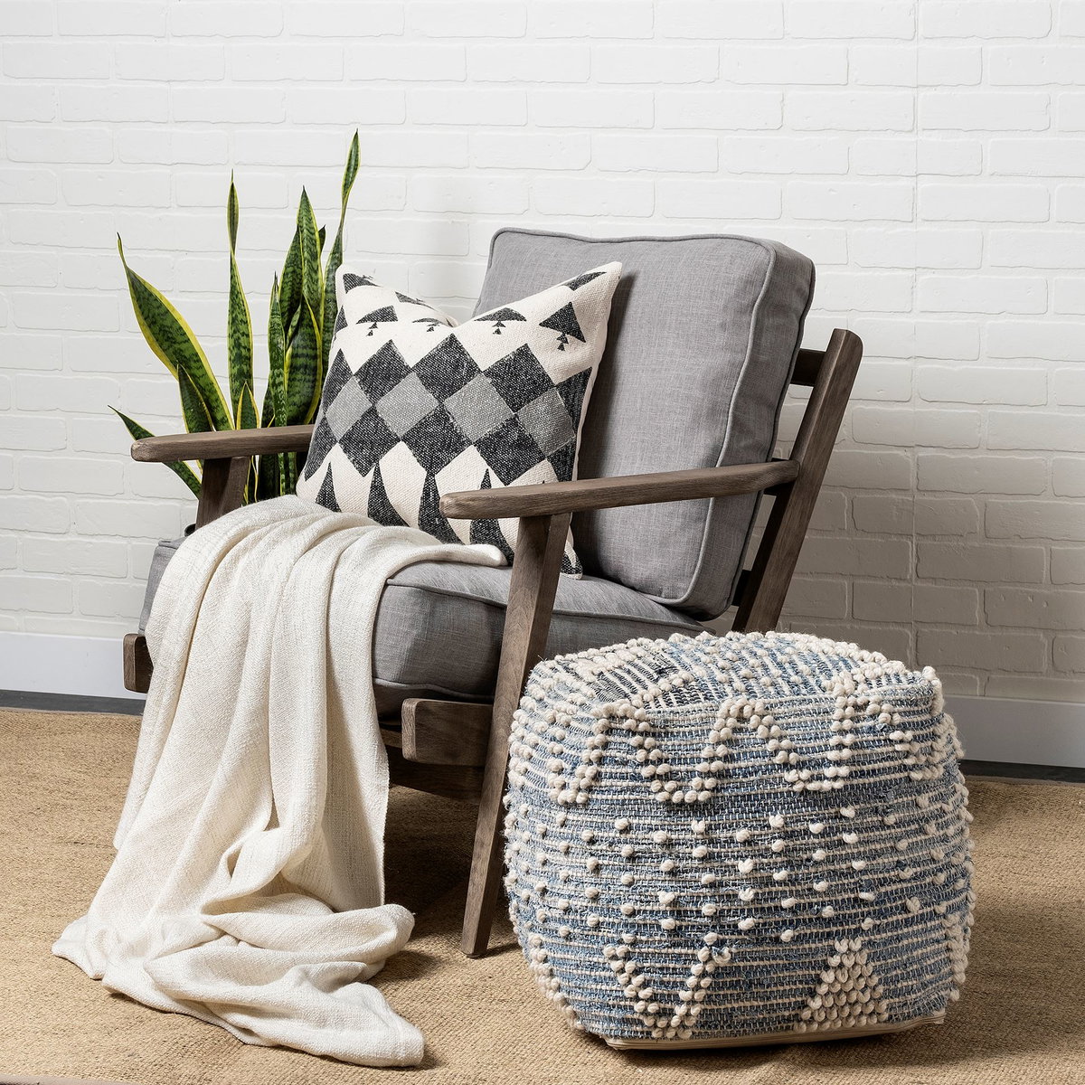 Rofi Blue Denim and Cream Cotton Stitched Square Pouf, Ottoman by Mercana, 17.72" length x 17.72" width x 17.72" height View 3