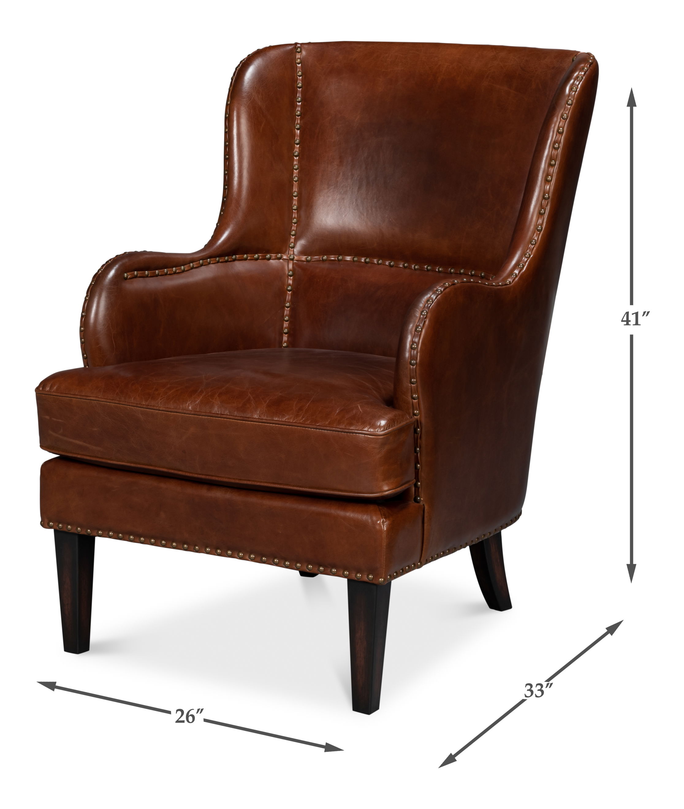 Whitney Distilled Leather Chair,Brown, Seating by Sarreid, 26" length x 33" width x 41" height View 15