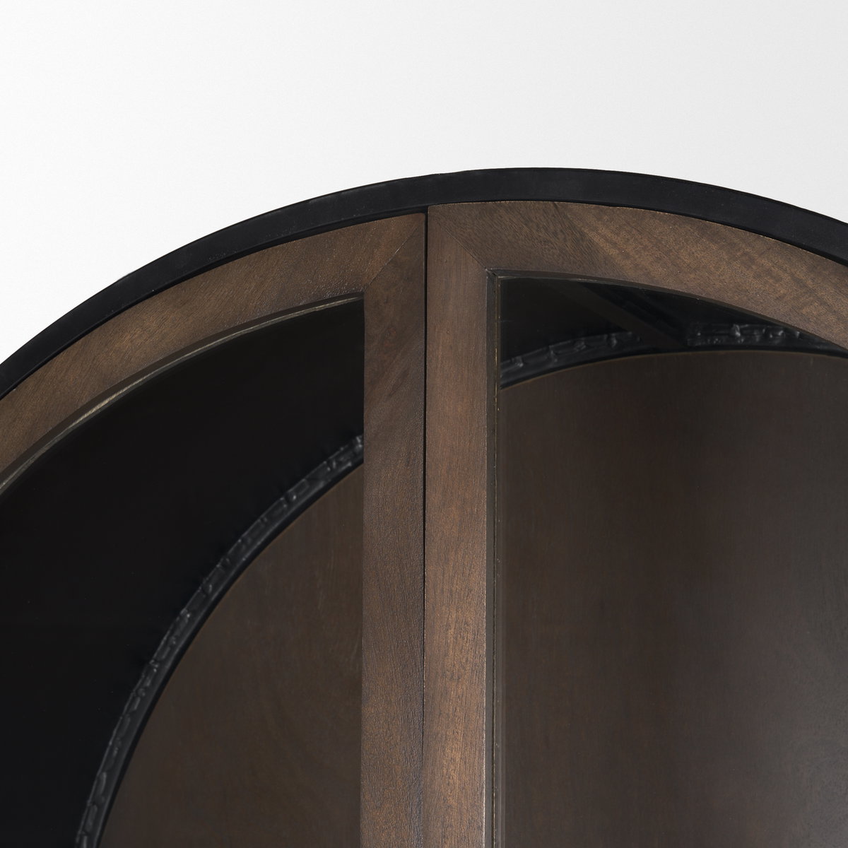 Sloan 42W x 80H Dark Brown Wood with Black Metal Arched Curio Cabinet, Cabinets & Sideboard by Mercana, 42" length x 18.5" width x 80" height View 12