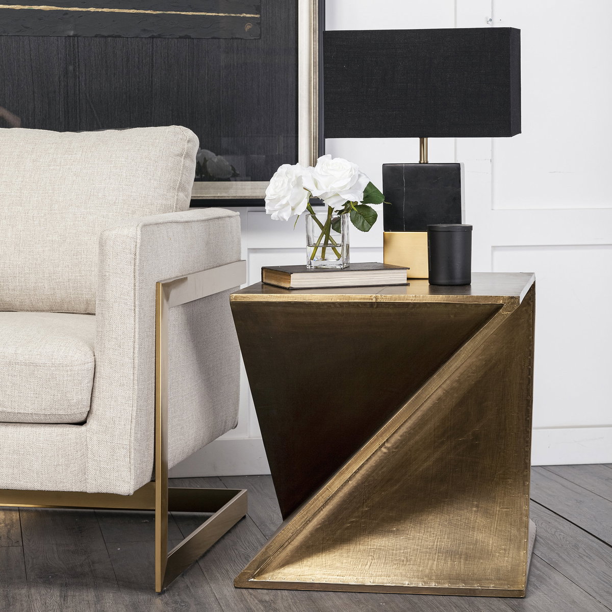 Zelda 20L x 20W Gold Metal-Cladded Z-Shaped Wooden Accent Table, Side & End Table by Mercana, 20" length x 20" width x 20.75" height View 3
