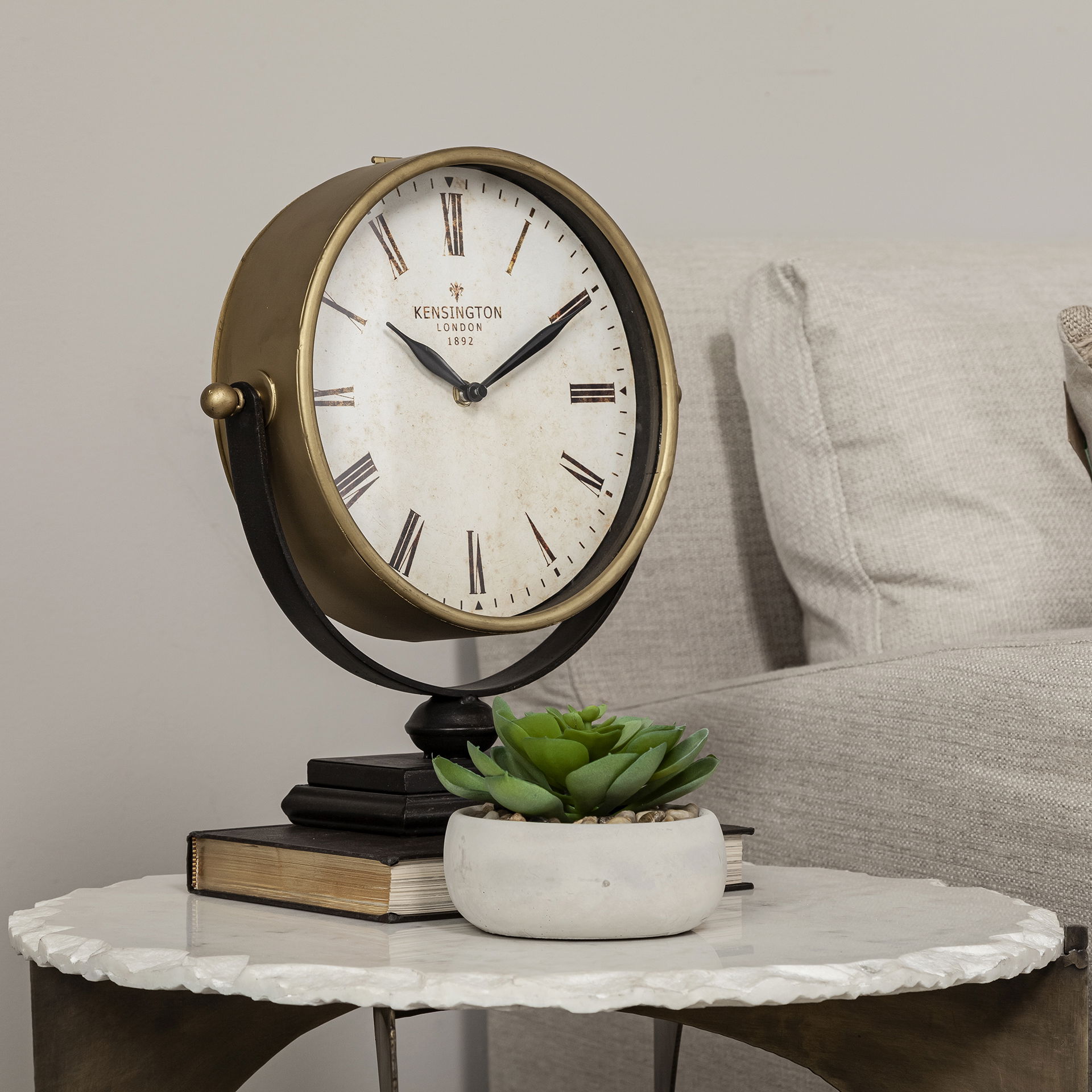 Houston Gold Metal Half Moon Base Table Clock, by Mercana, 4" length x 12" width x 13" height View 3