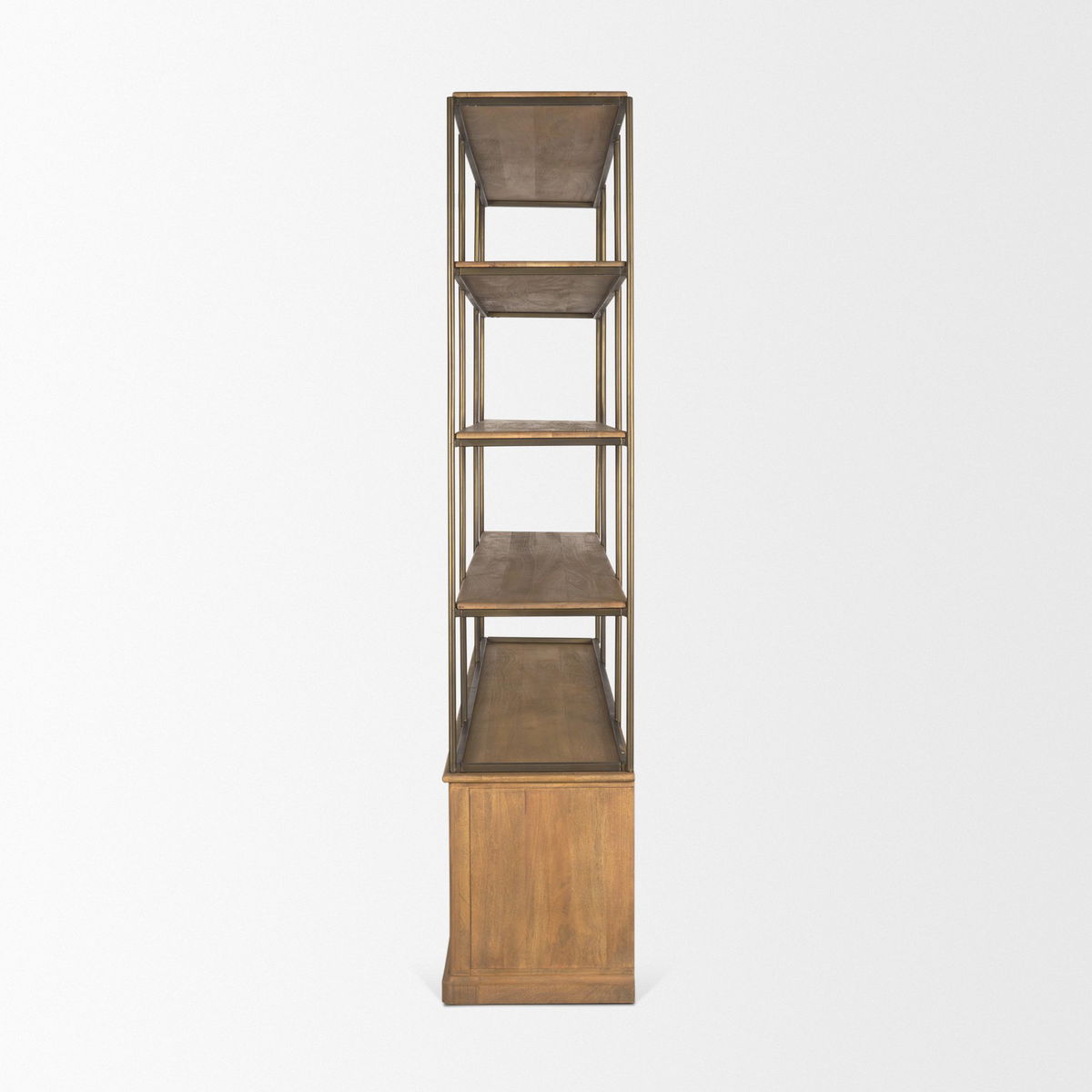 Baron 4-Door Light Brown Wood with Gunmetal Open Shelving Unit, Shelving & Bookcase by Mercana, 81.75" length x 19" width x 90" height View 7