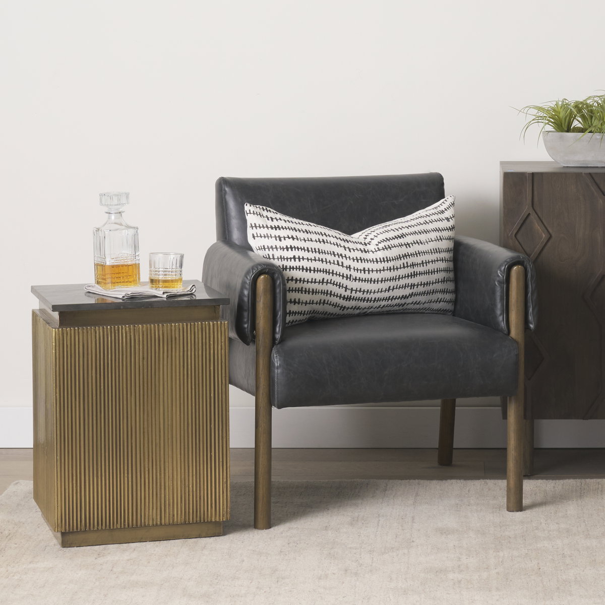 Satima Black Marble with Gold Metal Square Fluted Accent Table, Side & End Table by Mercana, 16" length x 16" width x 22" height View 3