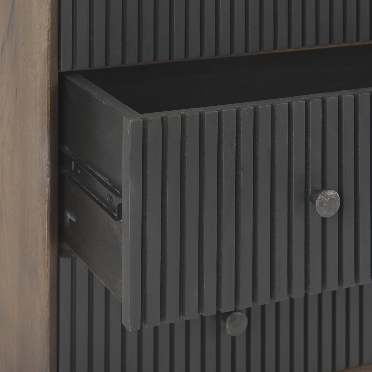 Grace  Medium Brown Wood with Black Metal Frame 3 Drawer Accent Cabinet, Cabinets & Chest by Mercana, 35.5" length x 18" width x 31" height View 8