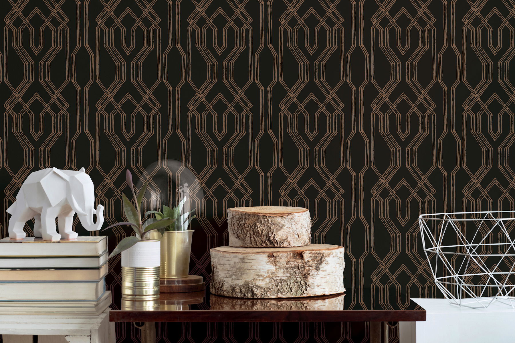 Oriental Lattice Black & Gold Wallpaper large image 