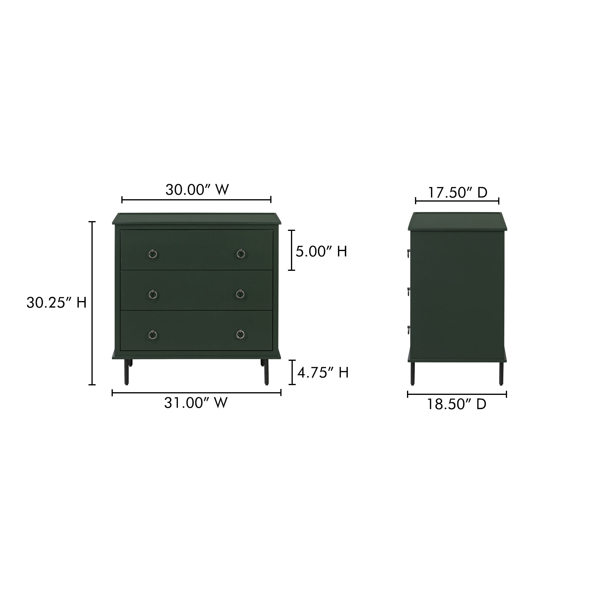 Reagan 3 Drawer Nightstand Deep Green, by Moe's Home, 31" width x 30.25" height x 18.5" depth View 11