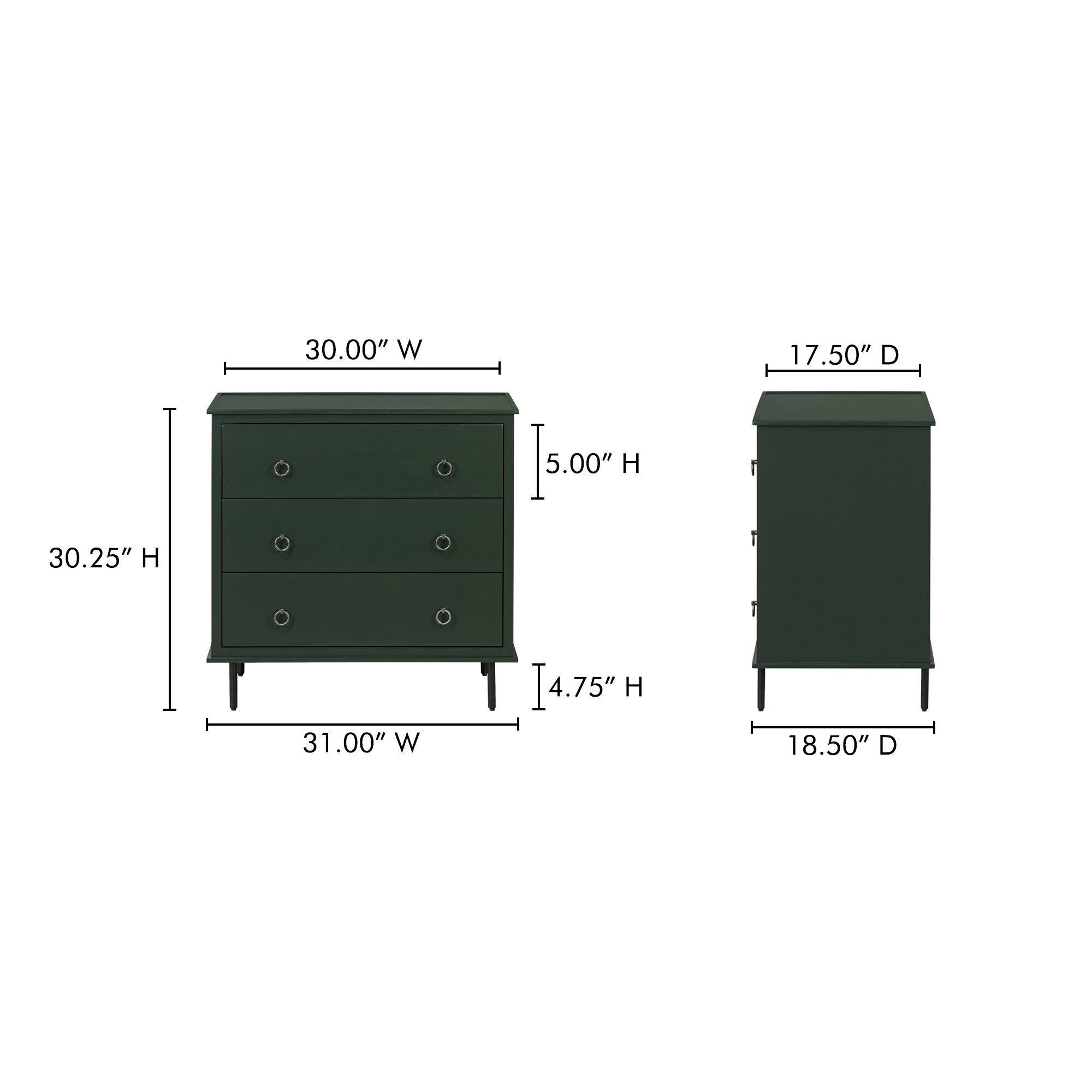 Reagan 3 Drawer Nightstand Deep Green, by Moe's Home, 31" width x 30.25" height x 18.5" depth View 12