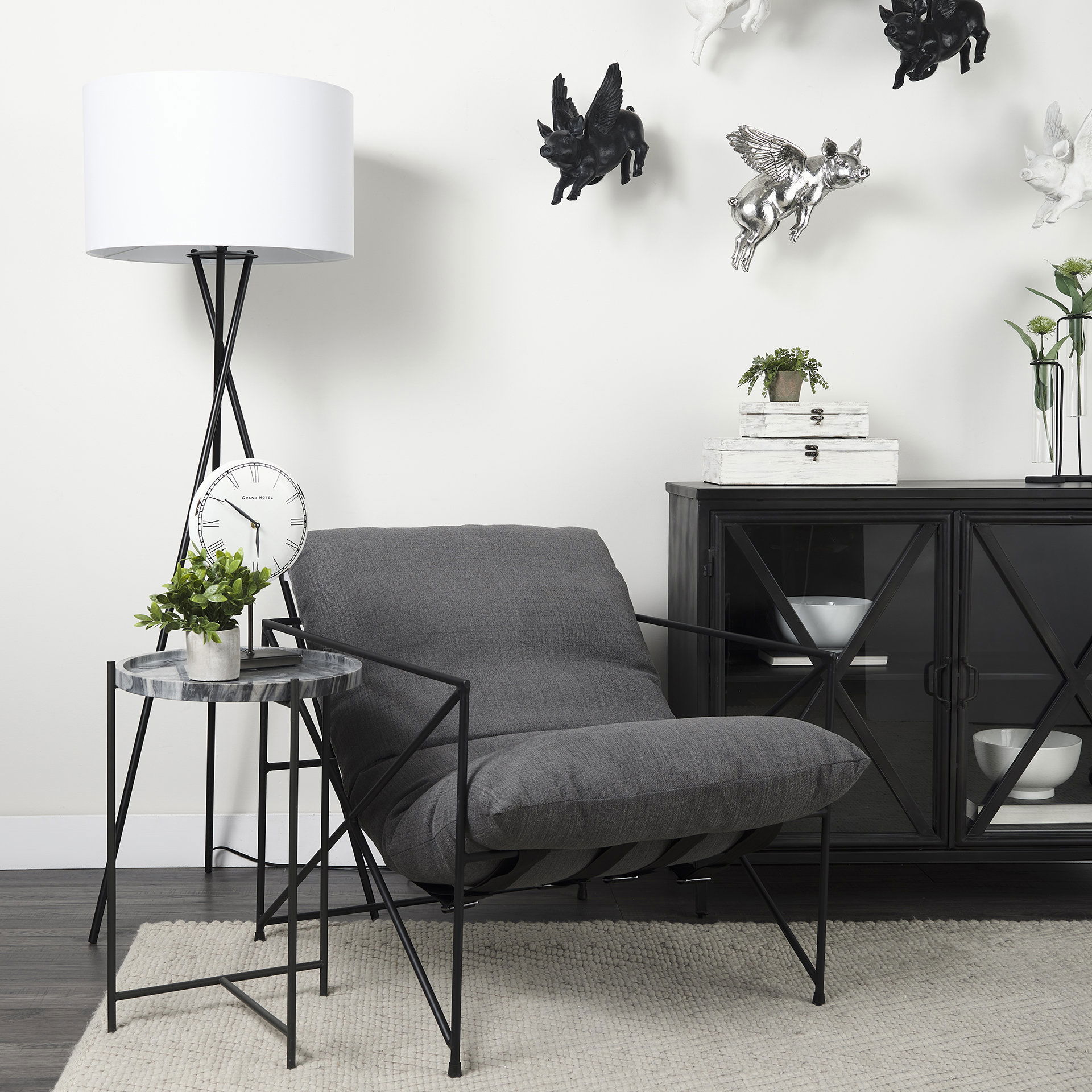 Leonidas 28.5L x 29.5W x 34.0H  Grey Fabric Wrap Black Metal Frame Accent Chair, by Mercana, 28.74" length x 29.92" width x 24.02" height View 5