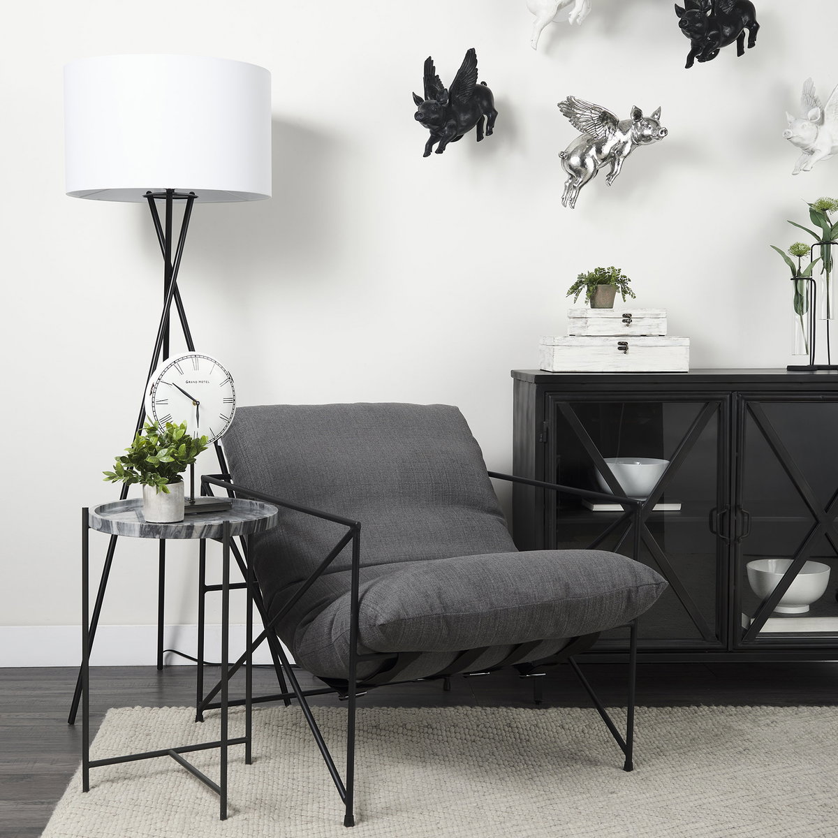 Leonidas 28.5L x 29.5W x 34.0H  Grey Fabric Wrap Black Metal Frame Accent Chair, by Mercana, 28.74" length x 29.92" width x 24.02" height View 5